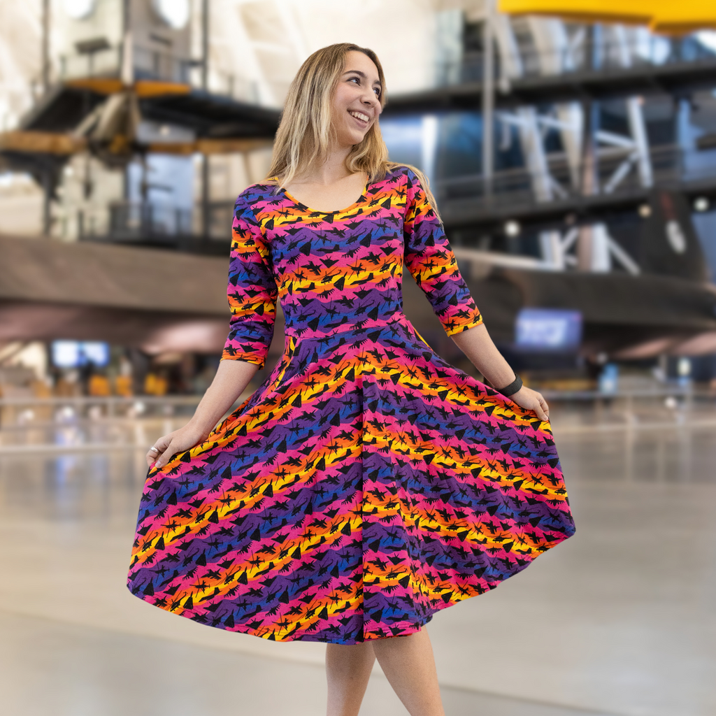Rainbow Airplanes 3/4th Sleeves Twirl Dress Svaha USA