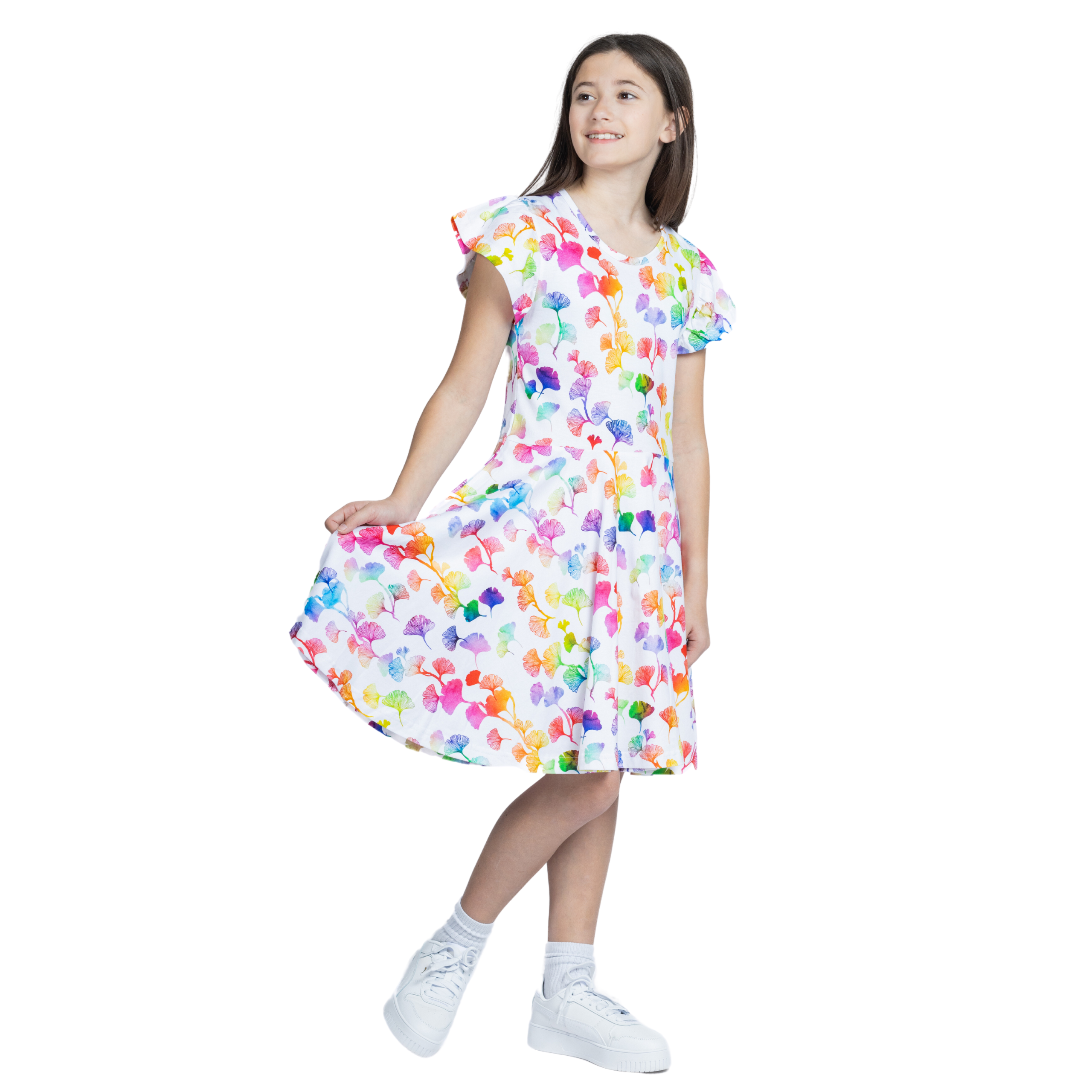 Rainbow Ginkgo Leaves Kids Twirl Dress