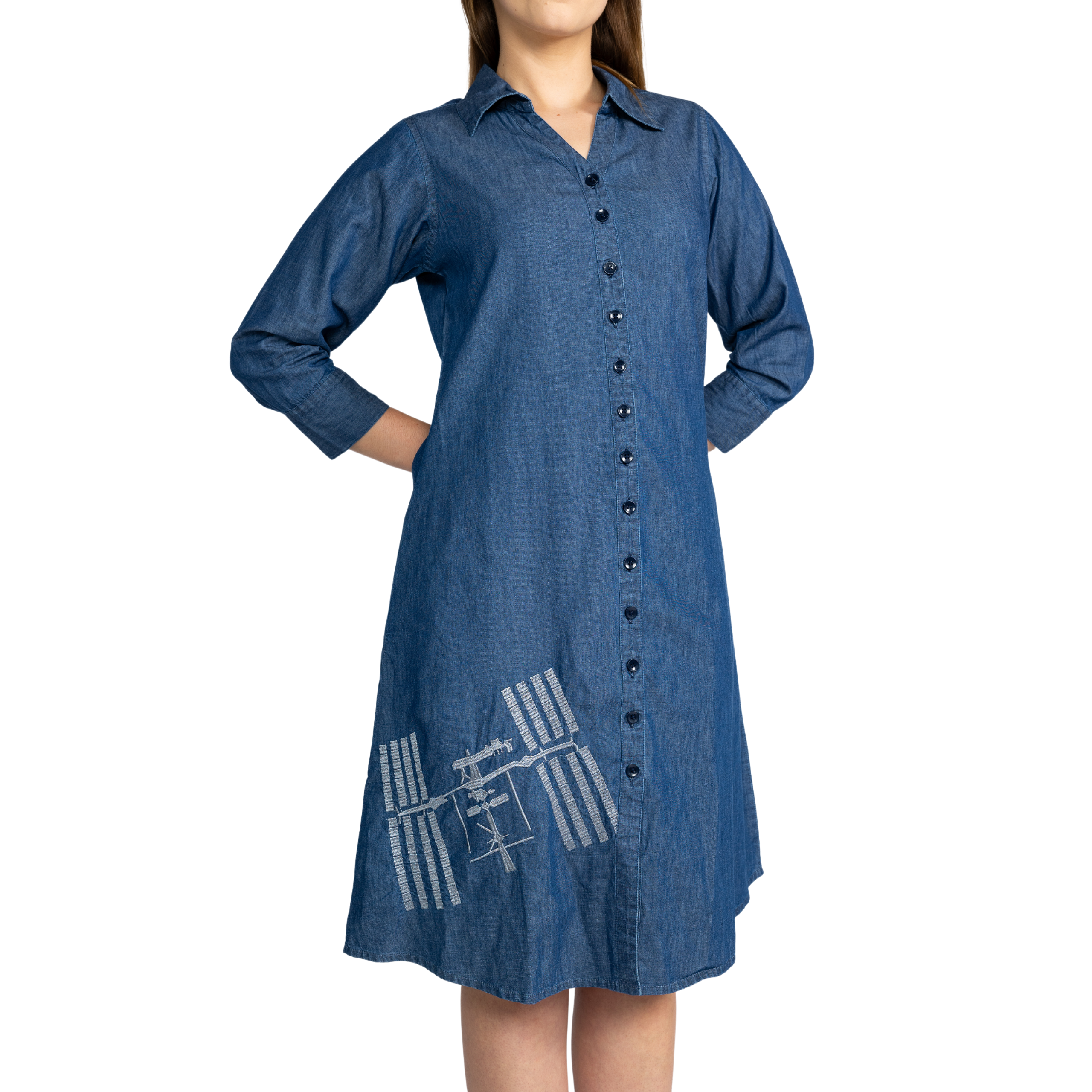 ISS Embroidery 3/4th Sleeves Button-Up Denim Dress