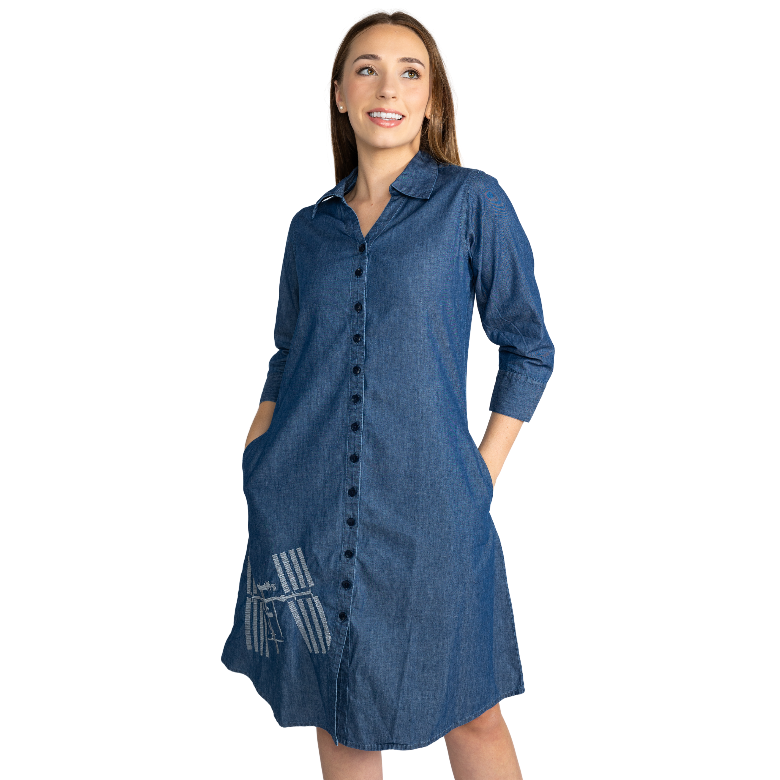 ISS Embroidery 3/4th Sleeves Button-Up Denim Dress