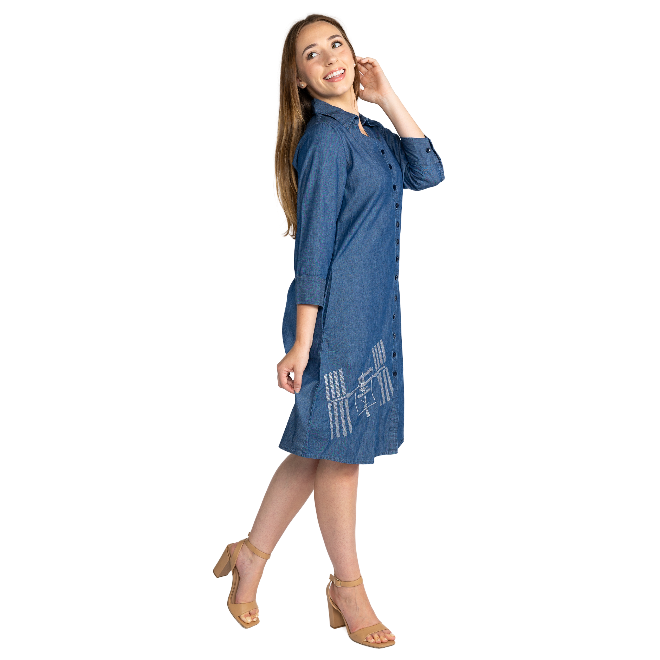 ISS Embroidery 3/4th Sleeves Button-Up Denim Dress