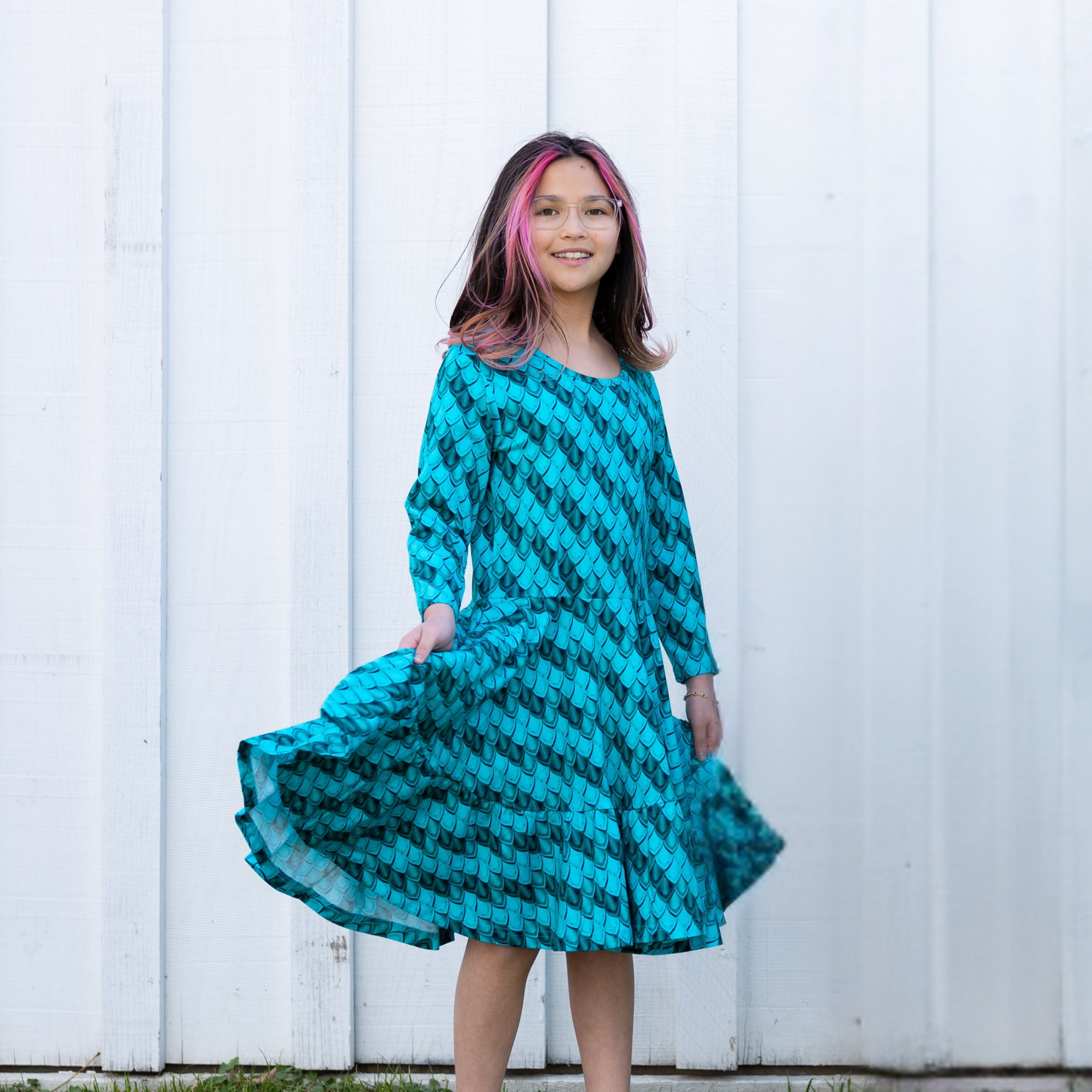 Teal Dragon Scales Kids Twirl Dress with Frill