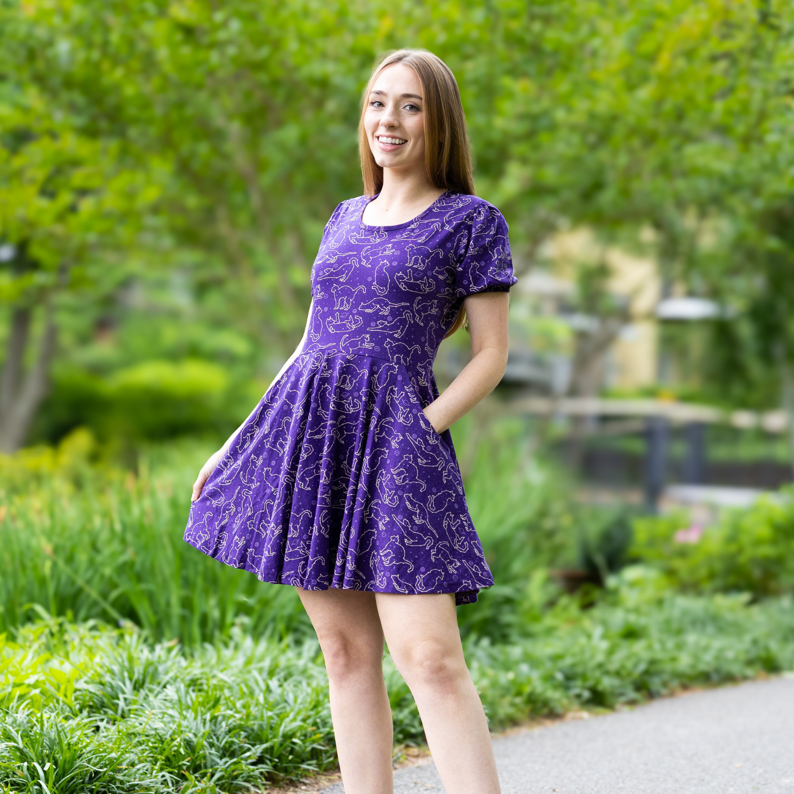 Cats Constellations Glow-in-the-Dark Puff-Sleeves Skater Dress