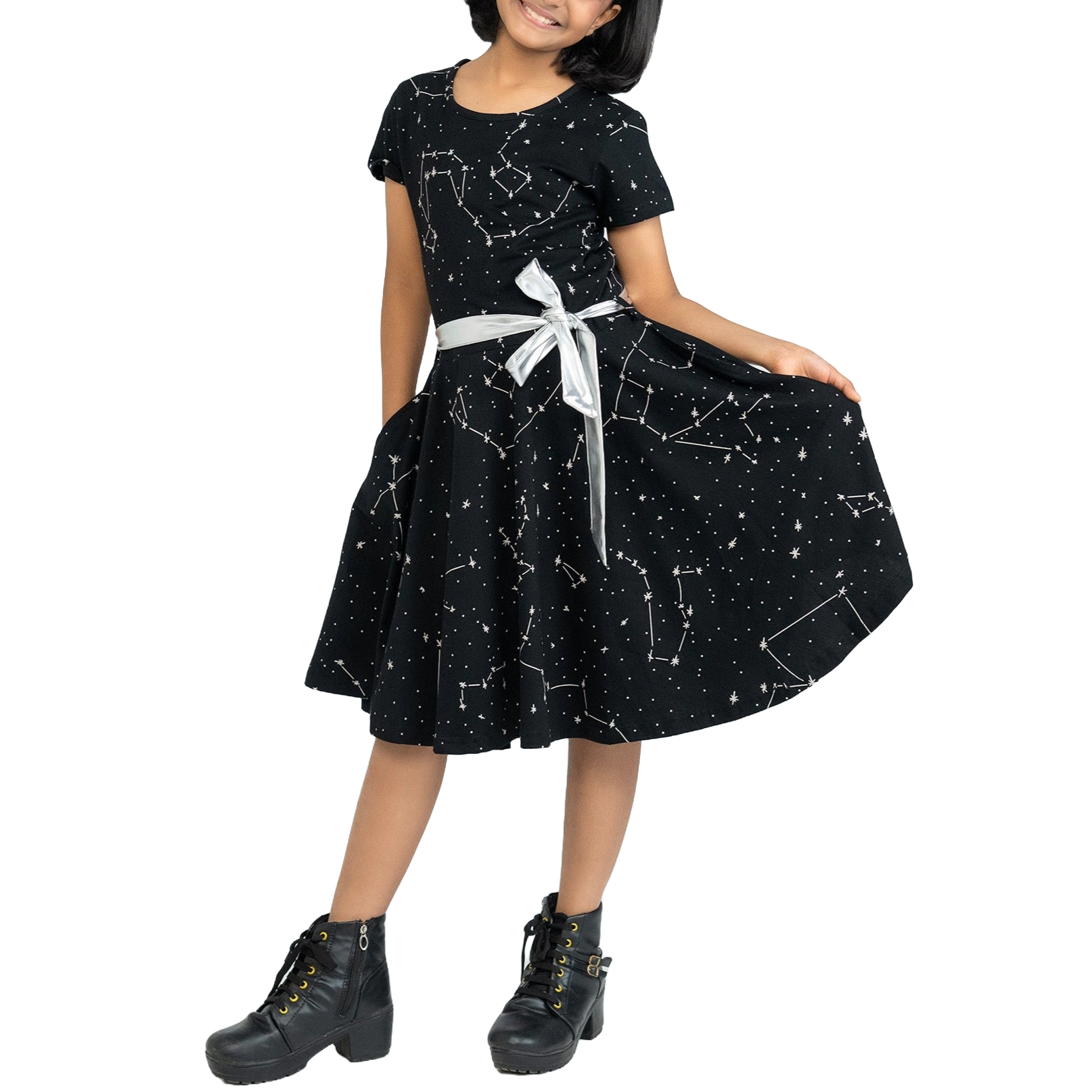 Constellations Glow-in-the-Dark Short Sleeve Kids Twirl Dress