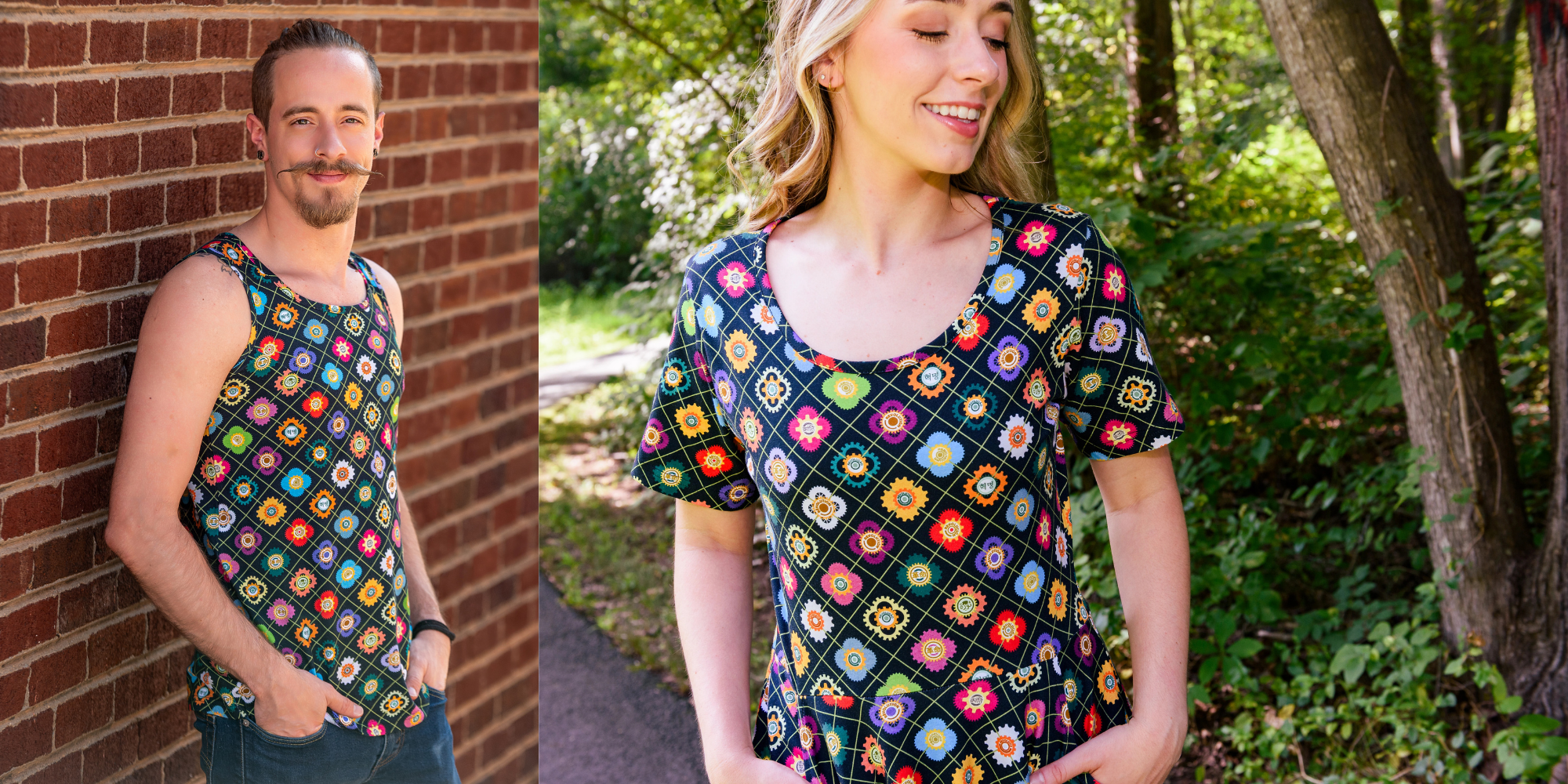 A split screen visual of Cortlen standing with the Gears of the Revolution print that stands for progress. 