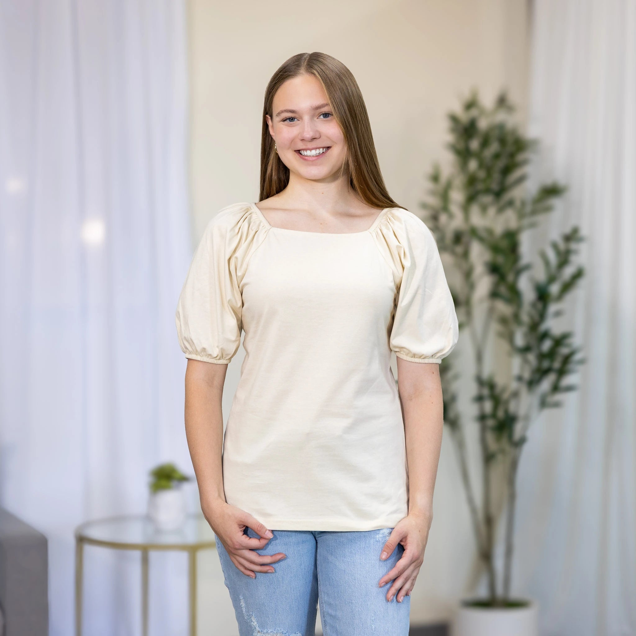 Cream Square-Neck Top