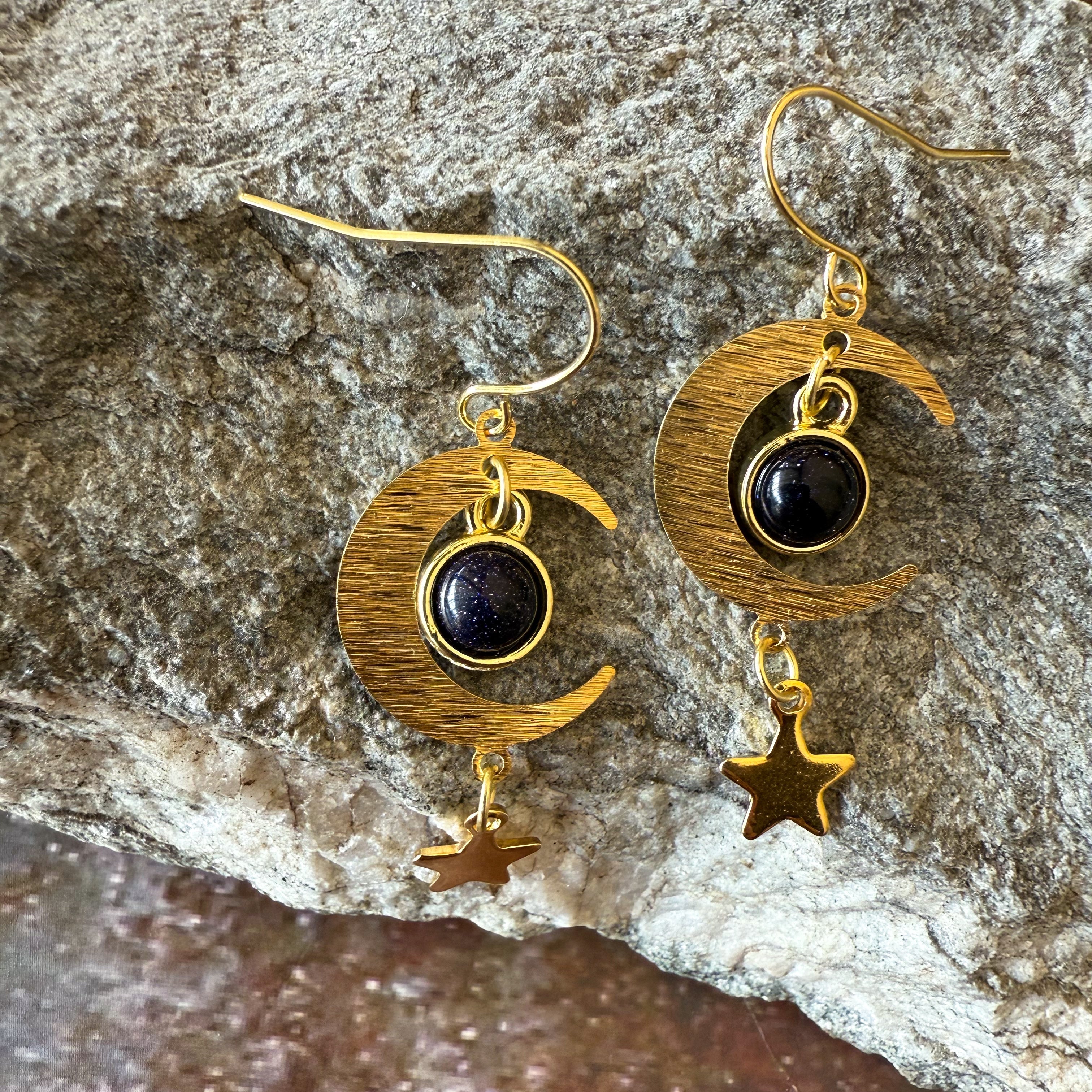 Starlit Crescent Earrings with Blue Sandstone