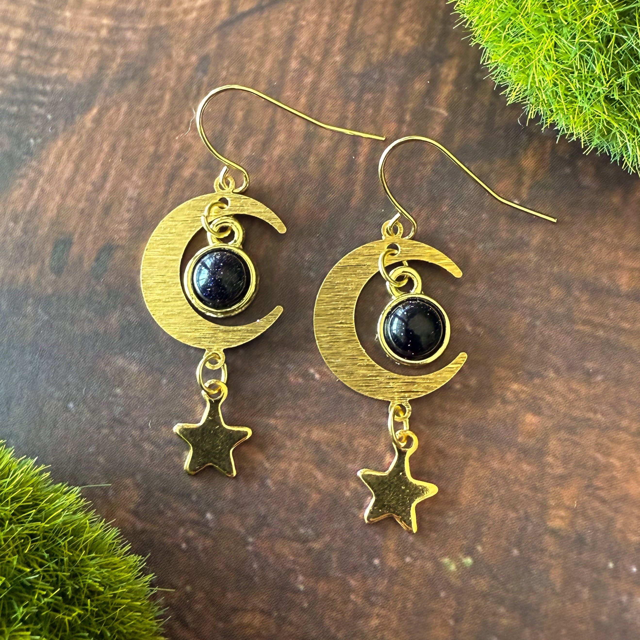 Starlit Crescent Earrings with Blue Sandstone