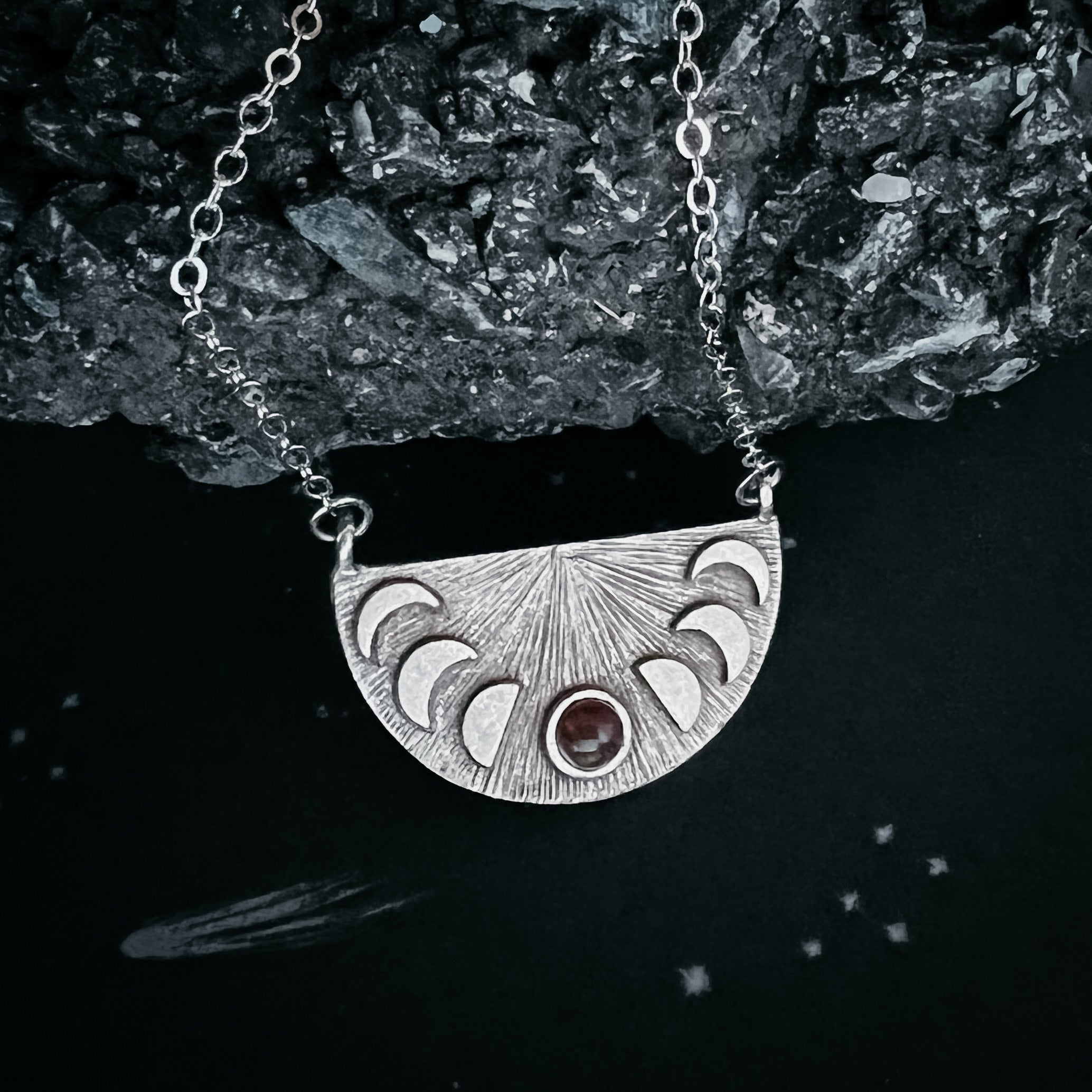 Lunar Eclipse Half Circle Pendant Necklace with Moon Phases and Black Opal