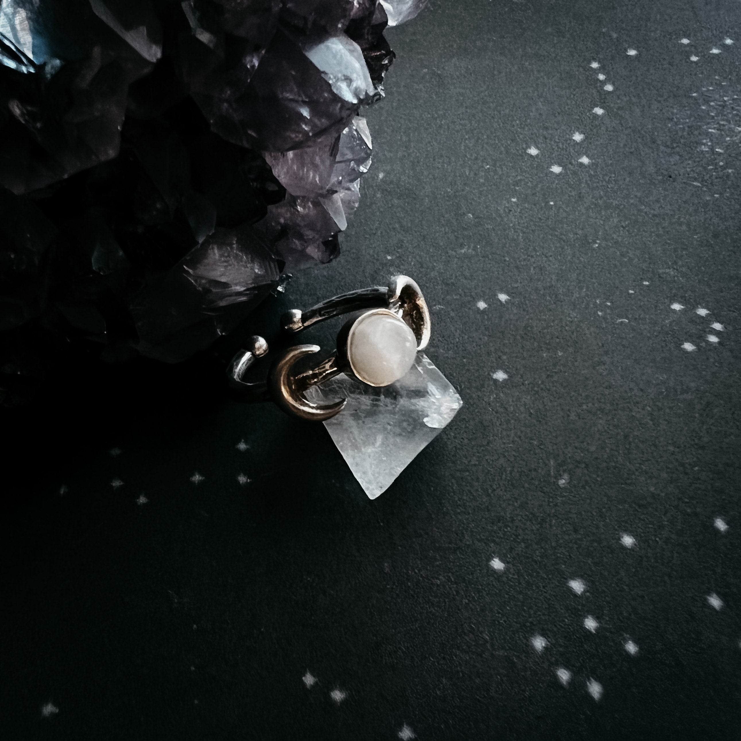 Lunar Witch Crescent Moon Ring with Rainbow Moonstone