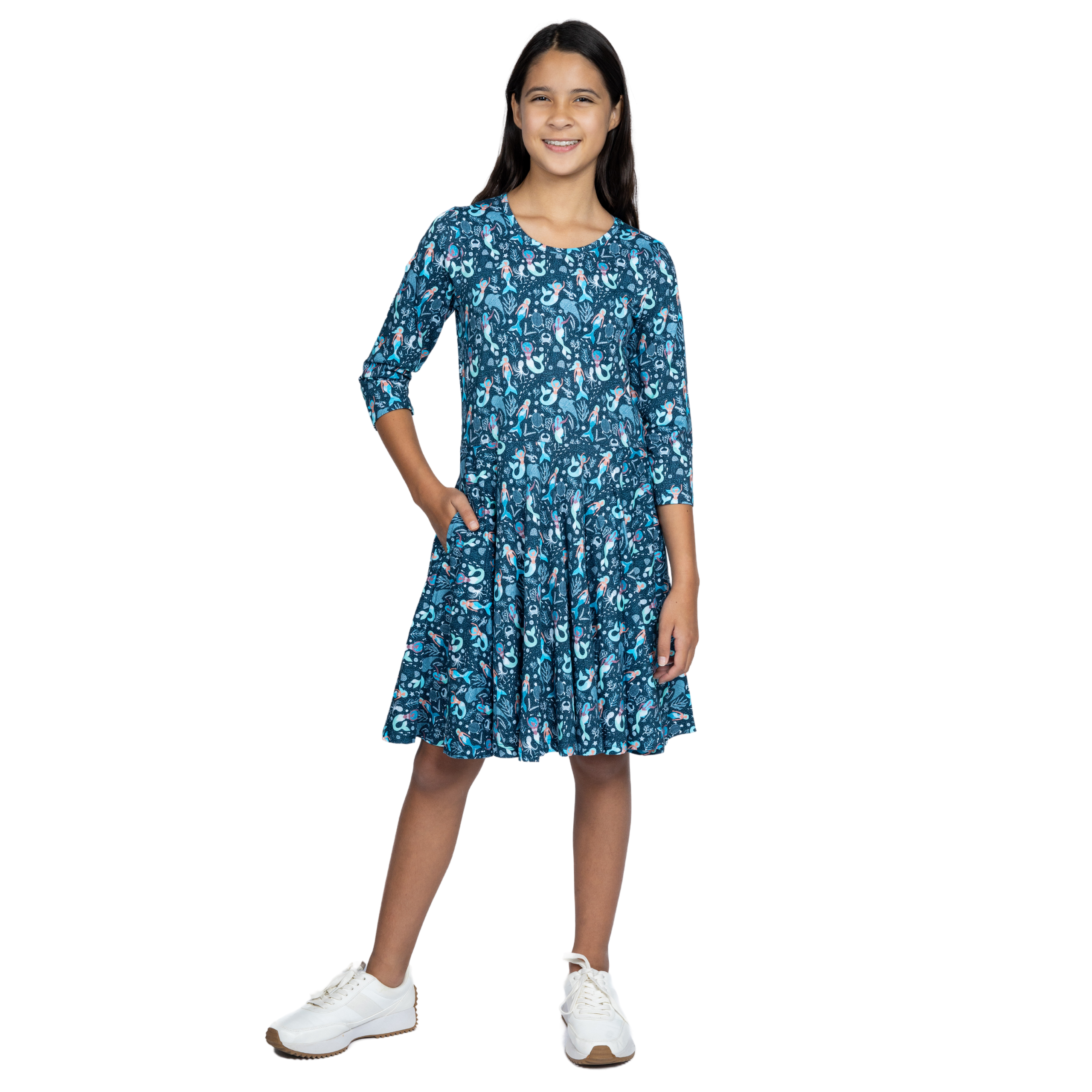 Mermaids 3/4th Sleeves Kids Twirl Dress