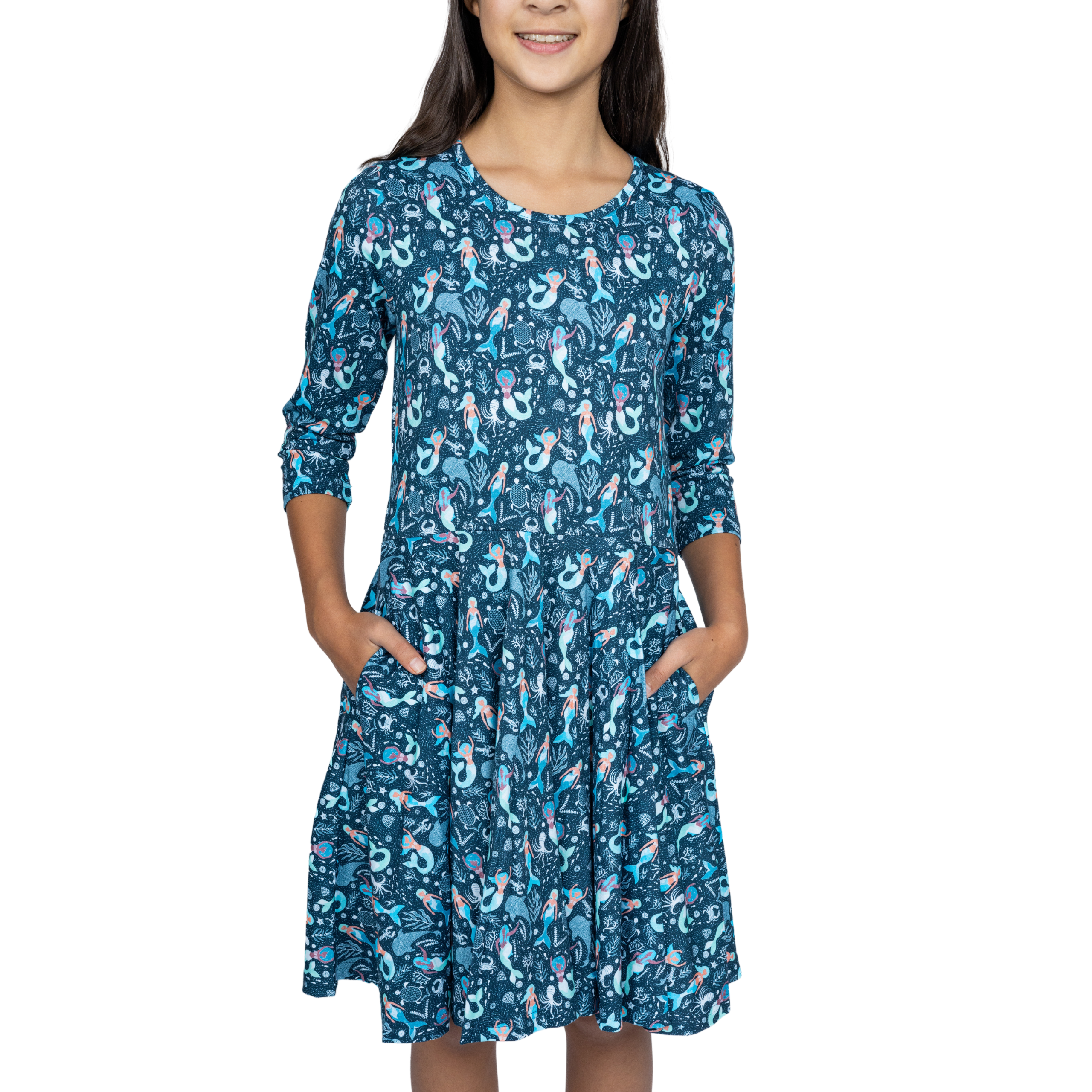 Mermaids 3/4th Sleeves Kids Twirl Dress