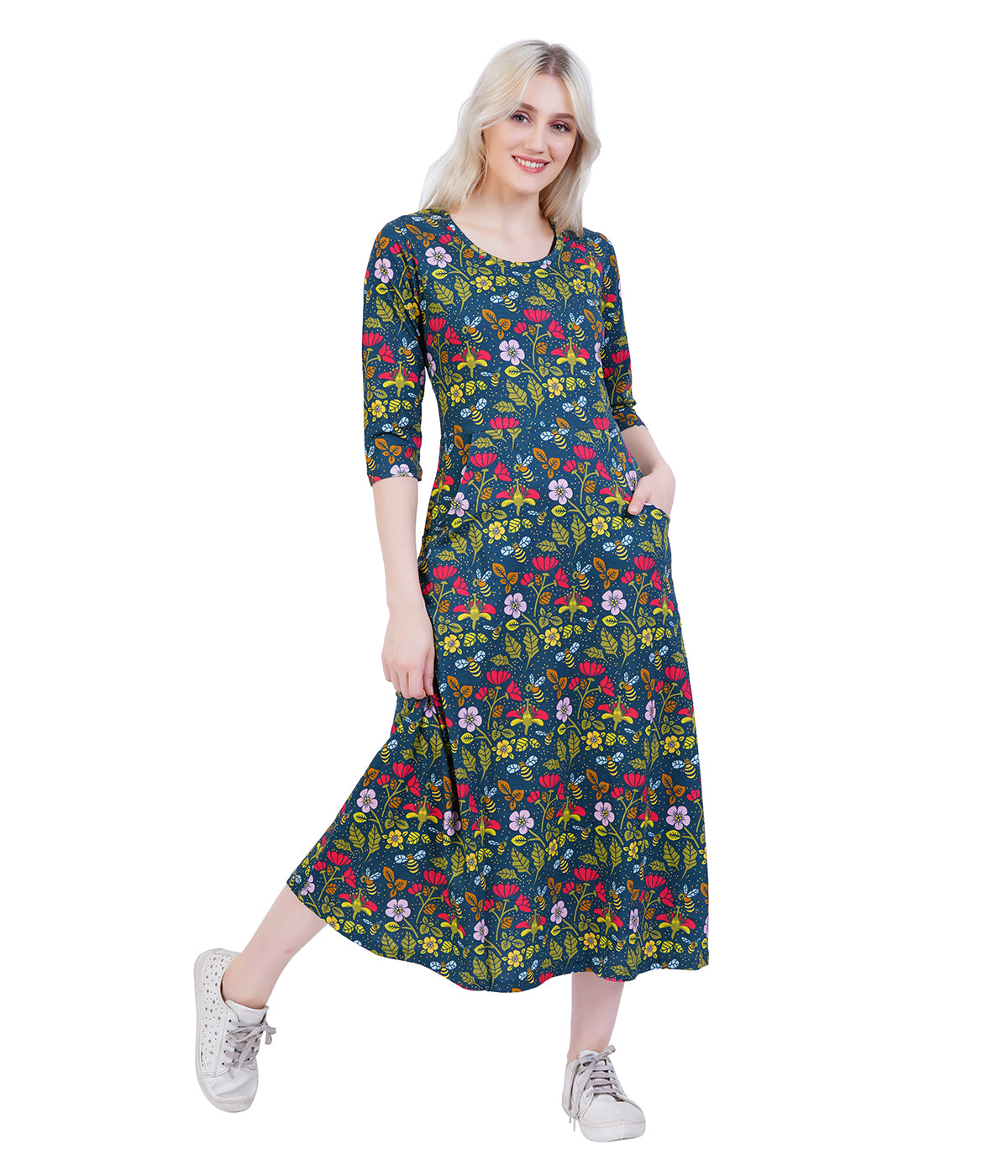 Pollinator 3/4th Sleeves Midi Dress (With Waist Seam)