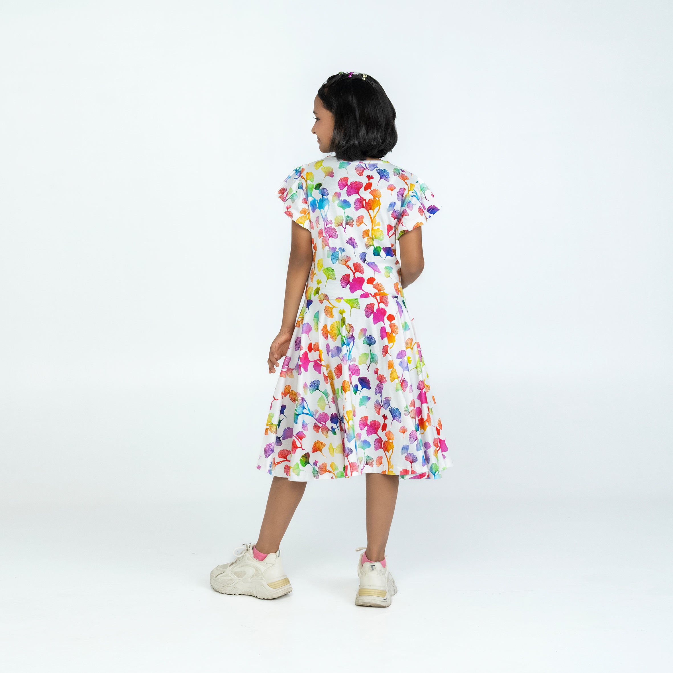 Rainbow Ginkgo Leaves Kids Twirl Dress