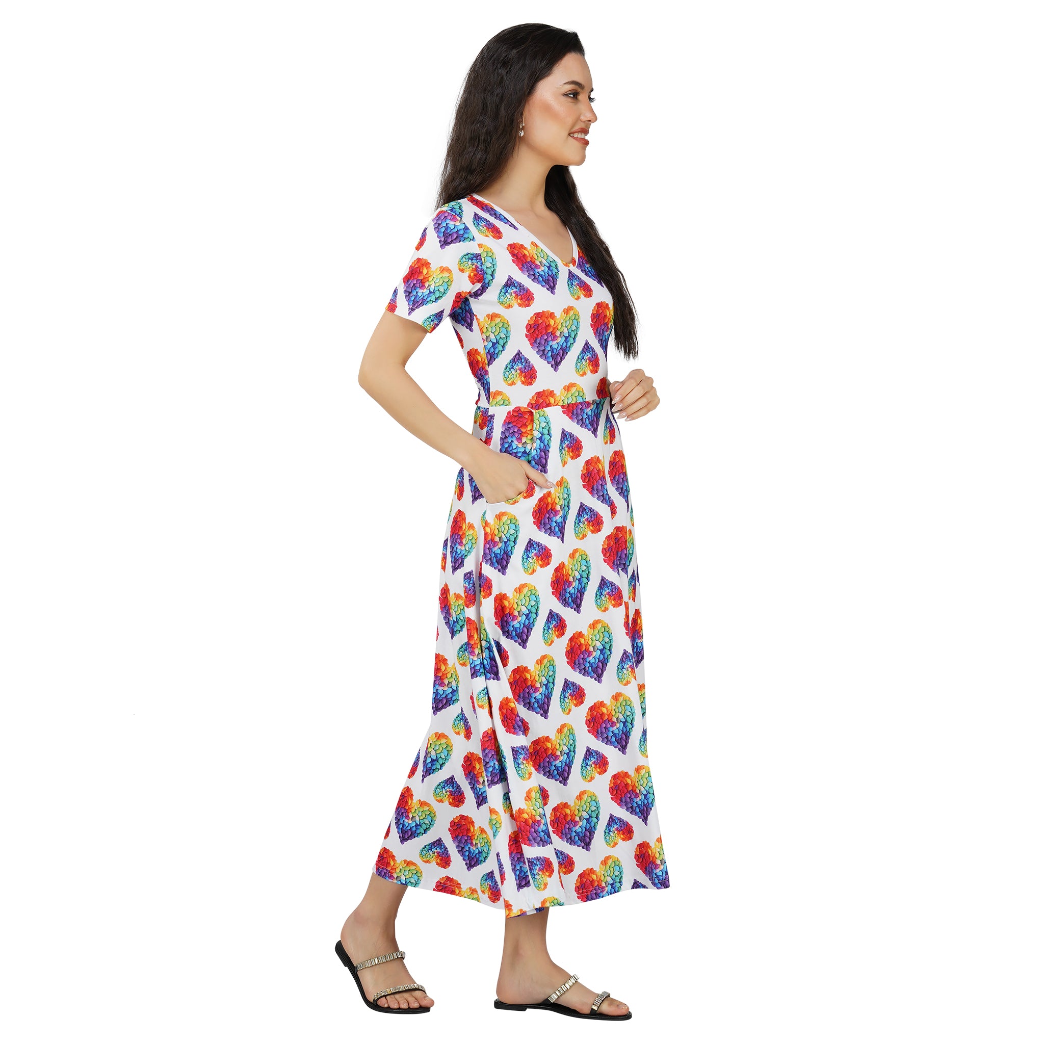 Rainbow Blossom Hearts Long Midi Dress (With Waist Seam)