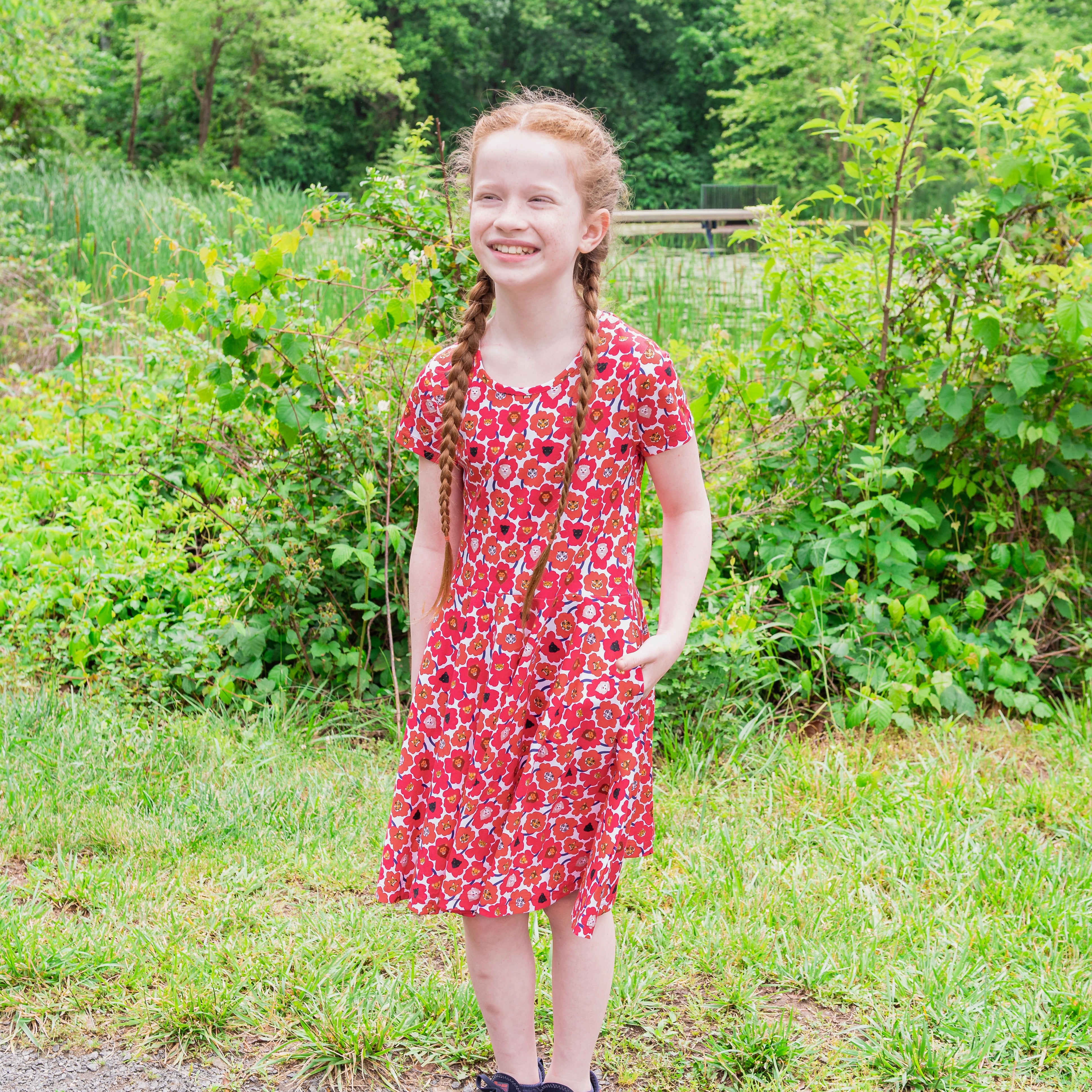 Floral Cat Family Kids Twirl Dress with Pockets