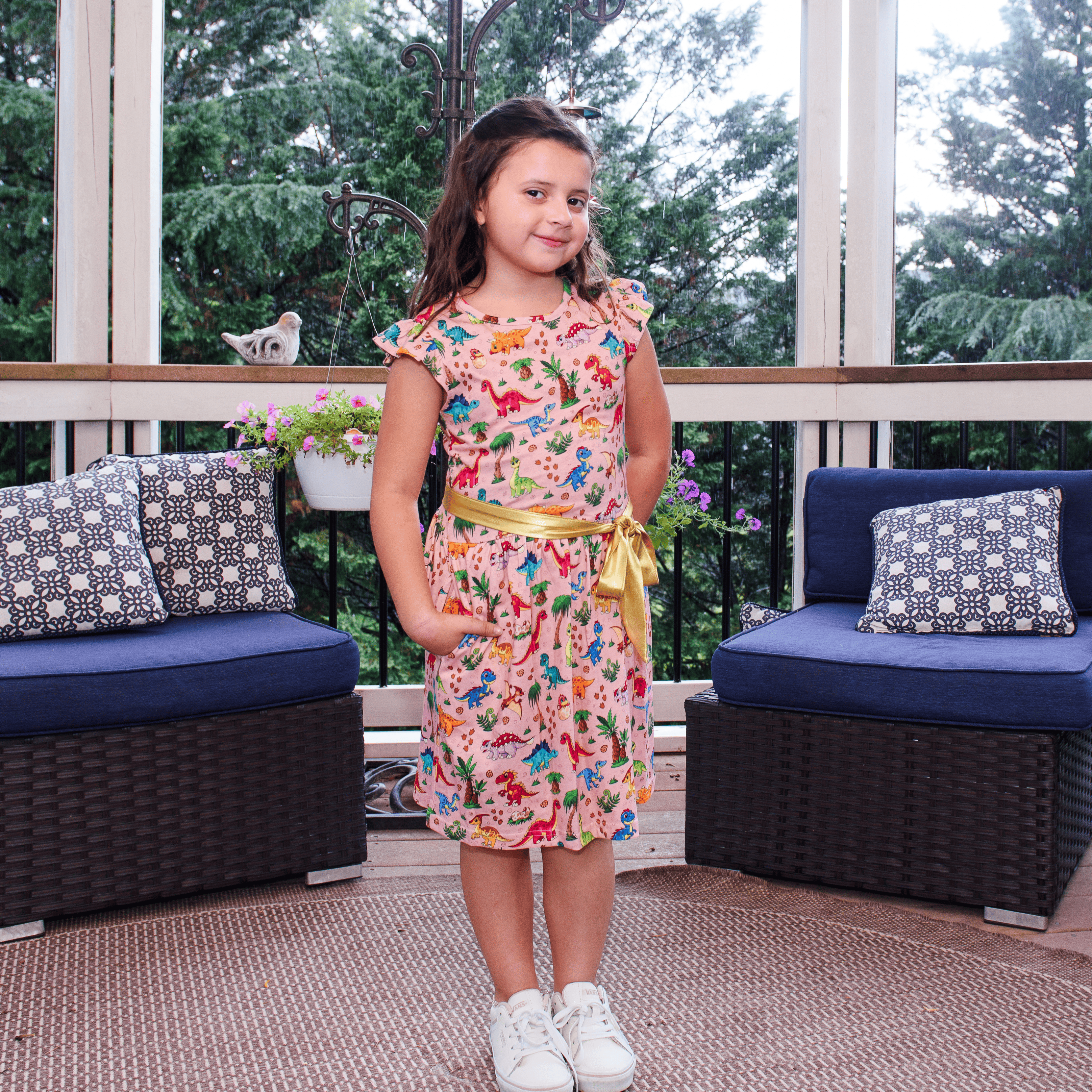 Floral Dinosaurs Kids Dress with Pockets