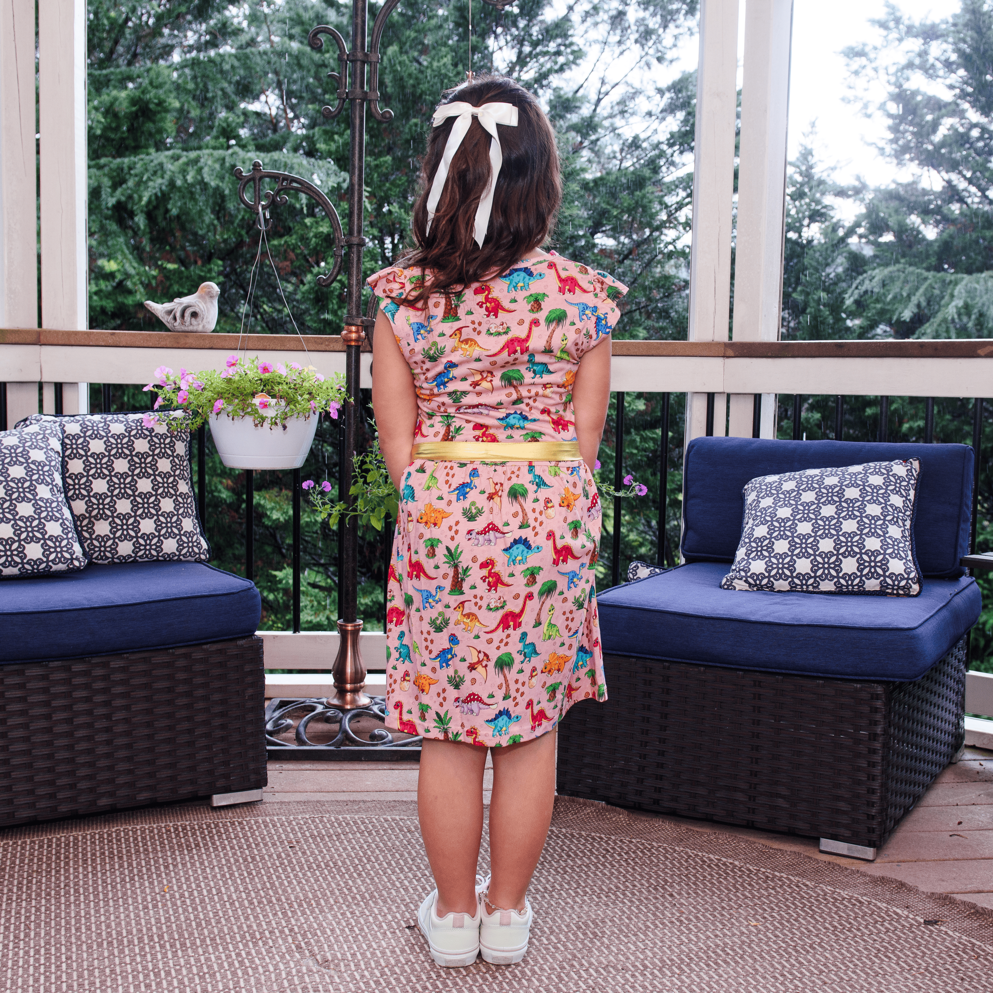 Floral Dinosaurs Kids Dress with Pockets