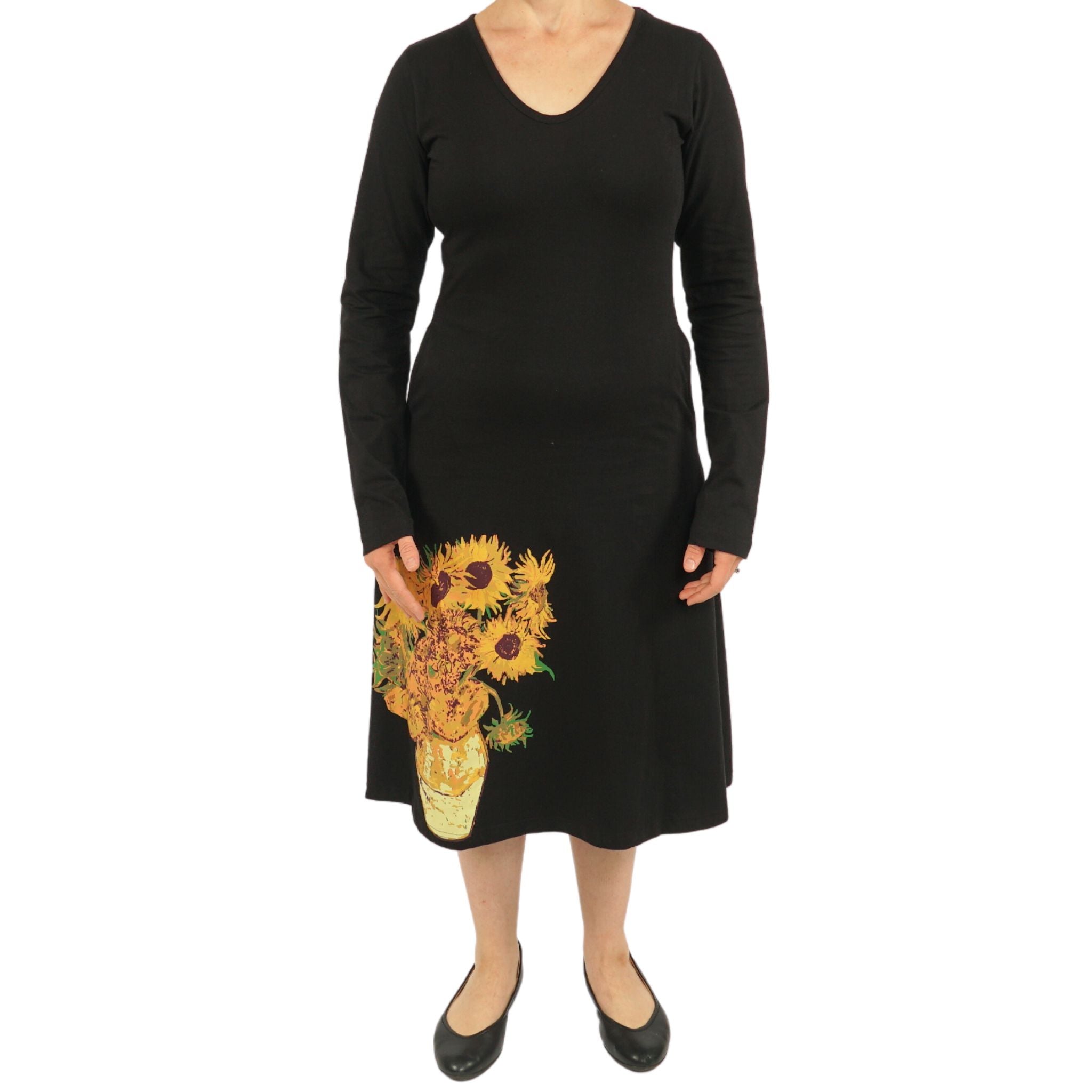 Van Gogh Sunflowers Long Sleeve A-Line Dress (No Waist Seam)