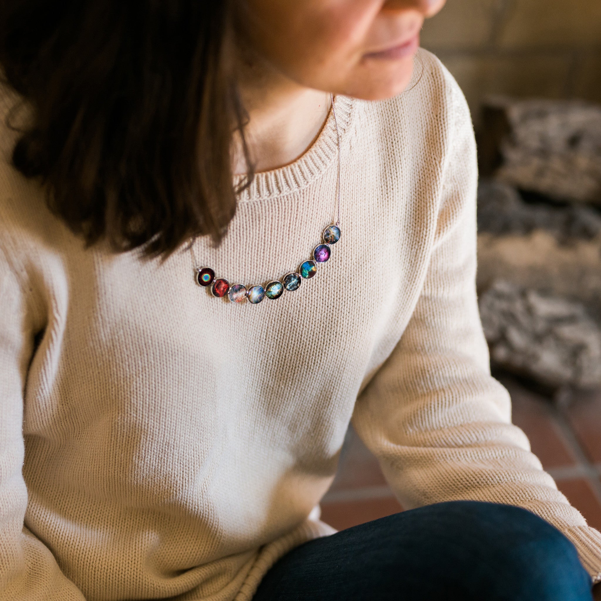 Curved Nebula Rainbow Necklace in Silver