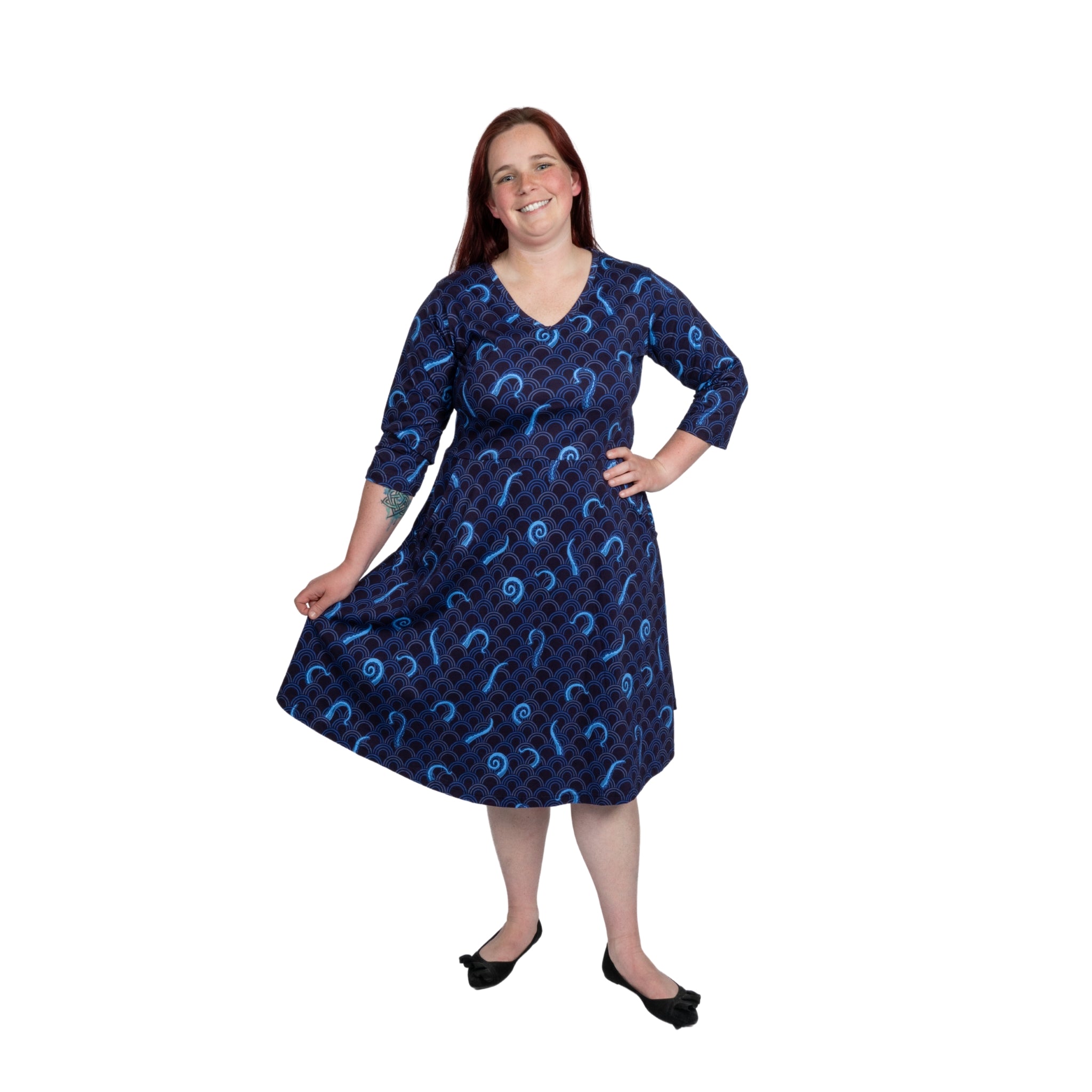 Octopus in the Sea 3/4th Sleeves Fit & Flare Dress
