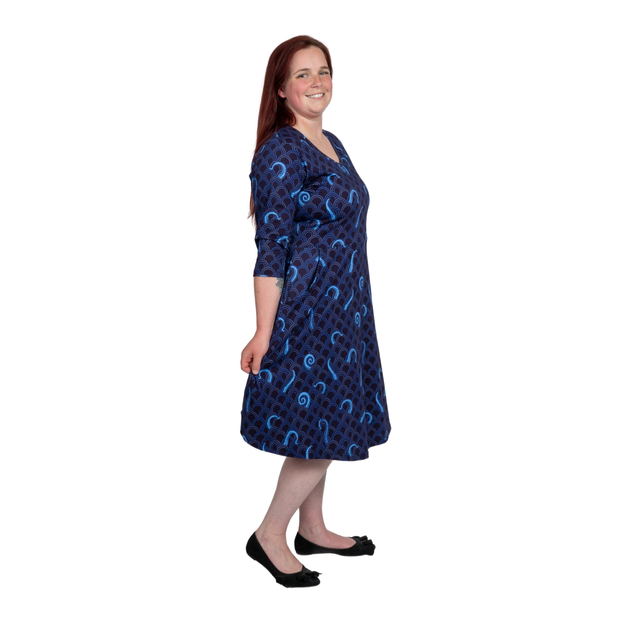 Octopus in the Sea 3/4th Sleeves Fit & Flare Dress
