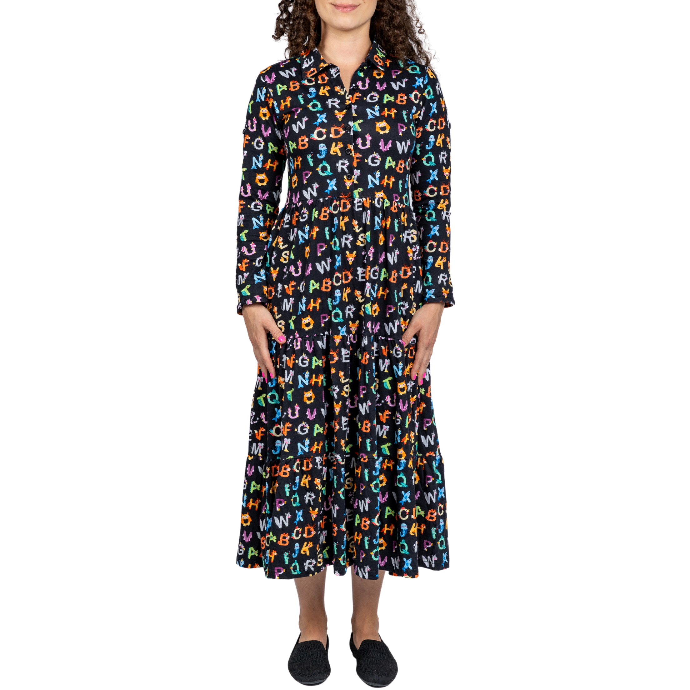 Animal Alphabet Long Sleeve Button-Up Tiered Midi Dress