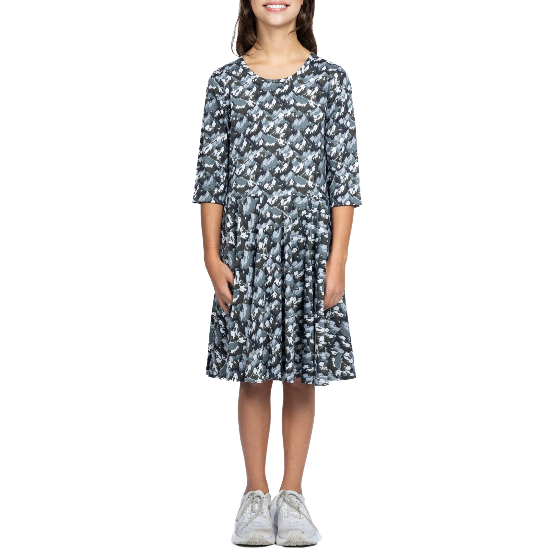 Bears and Mountains 3/4th Sleeves Kids Twirl Dress