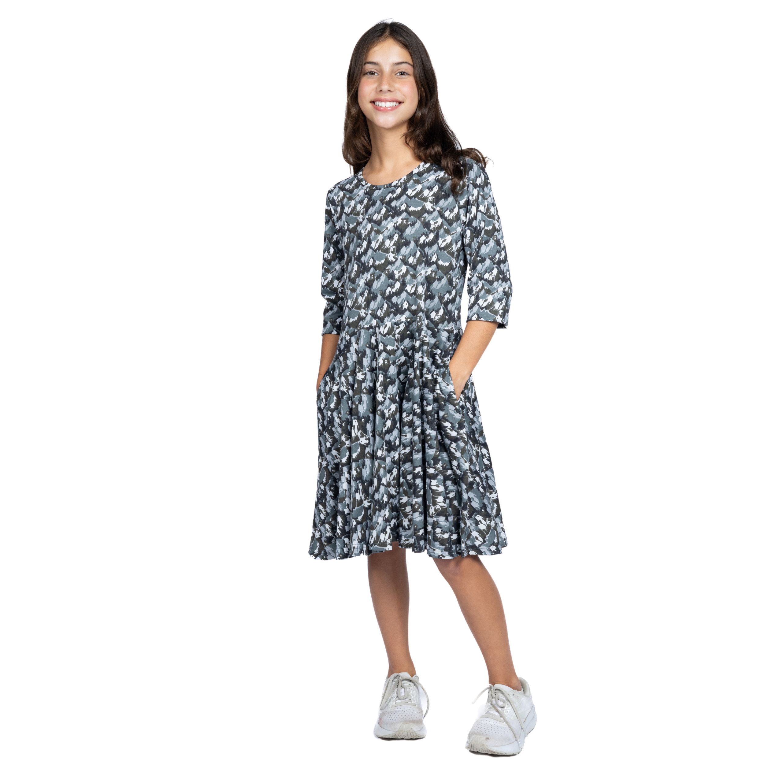 Bears and Mountains 3/4th Sleeves Kids Twirl Dress