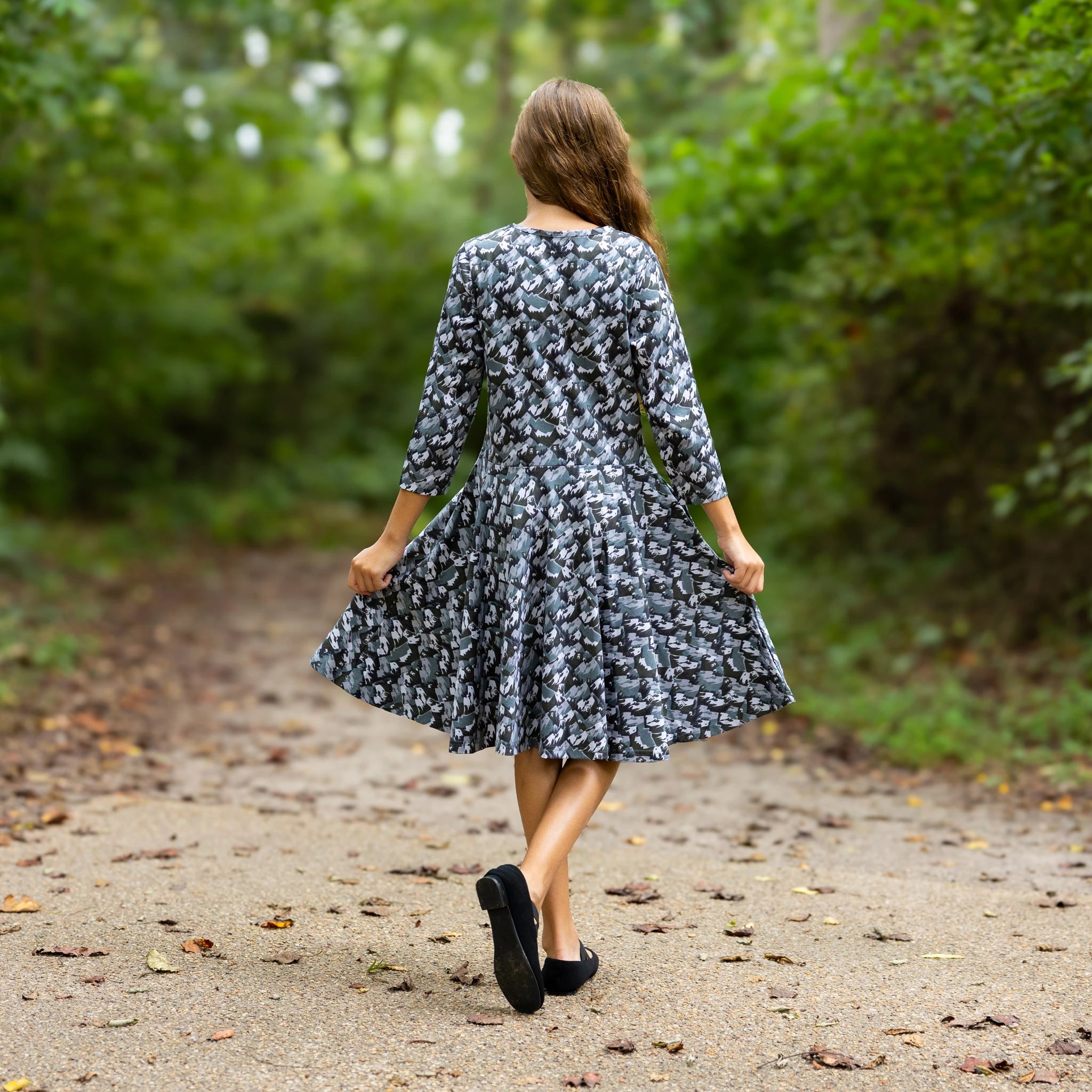 Bears and Mountains 3/4th Sleeves Kids Twirl Dress