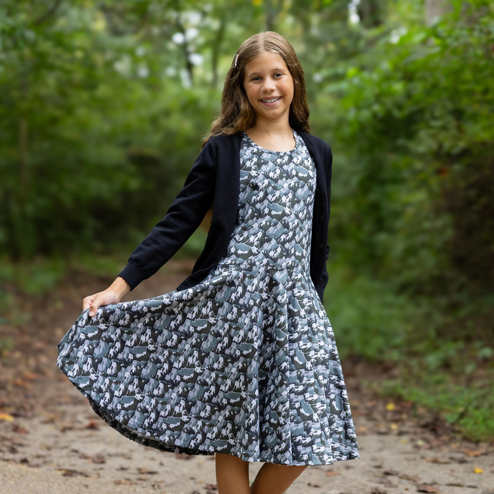 Bears and Mountains 3/4th Sleeves Kids Twirl Dress