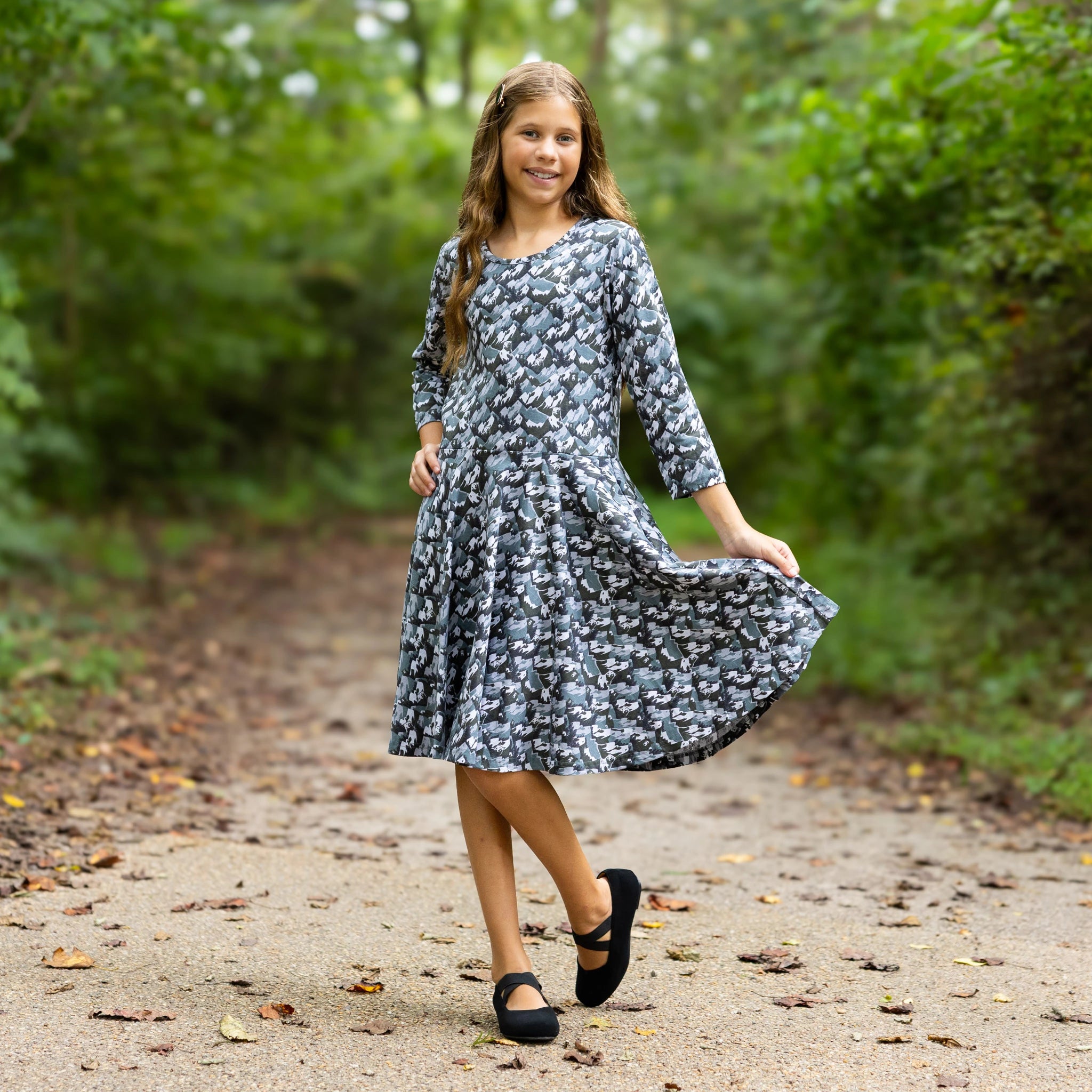 Bears and Mountains 3/4th Sleeves Kids Twirl Dress