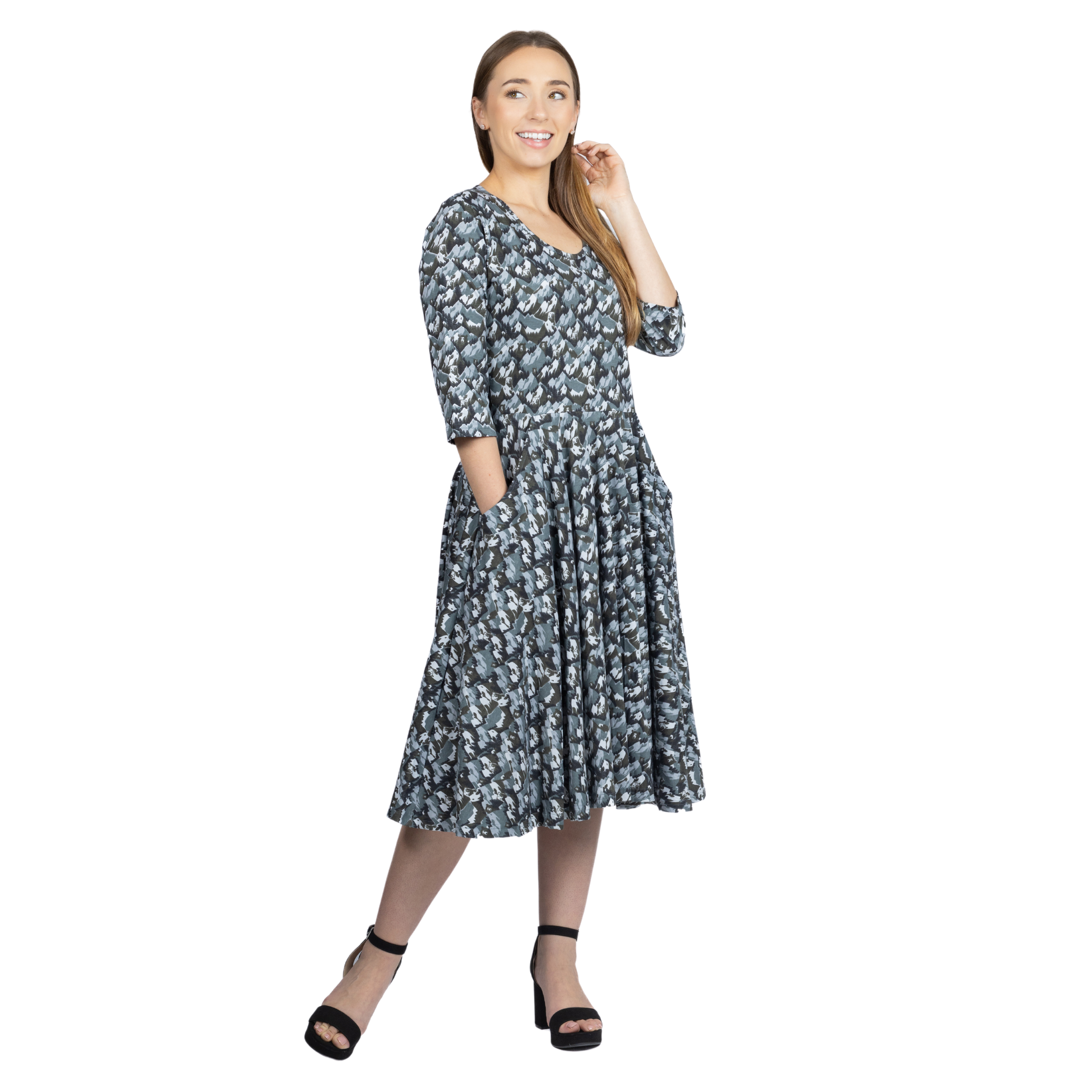 Bears and Mountains 3/4th Sleeves Full Twirl Dress