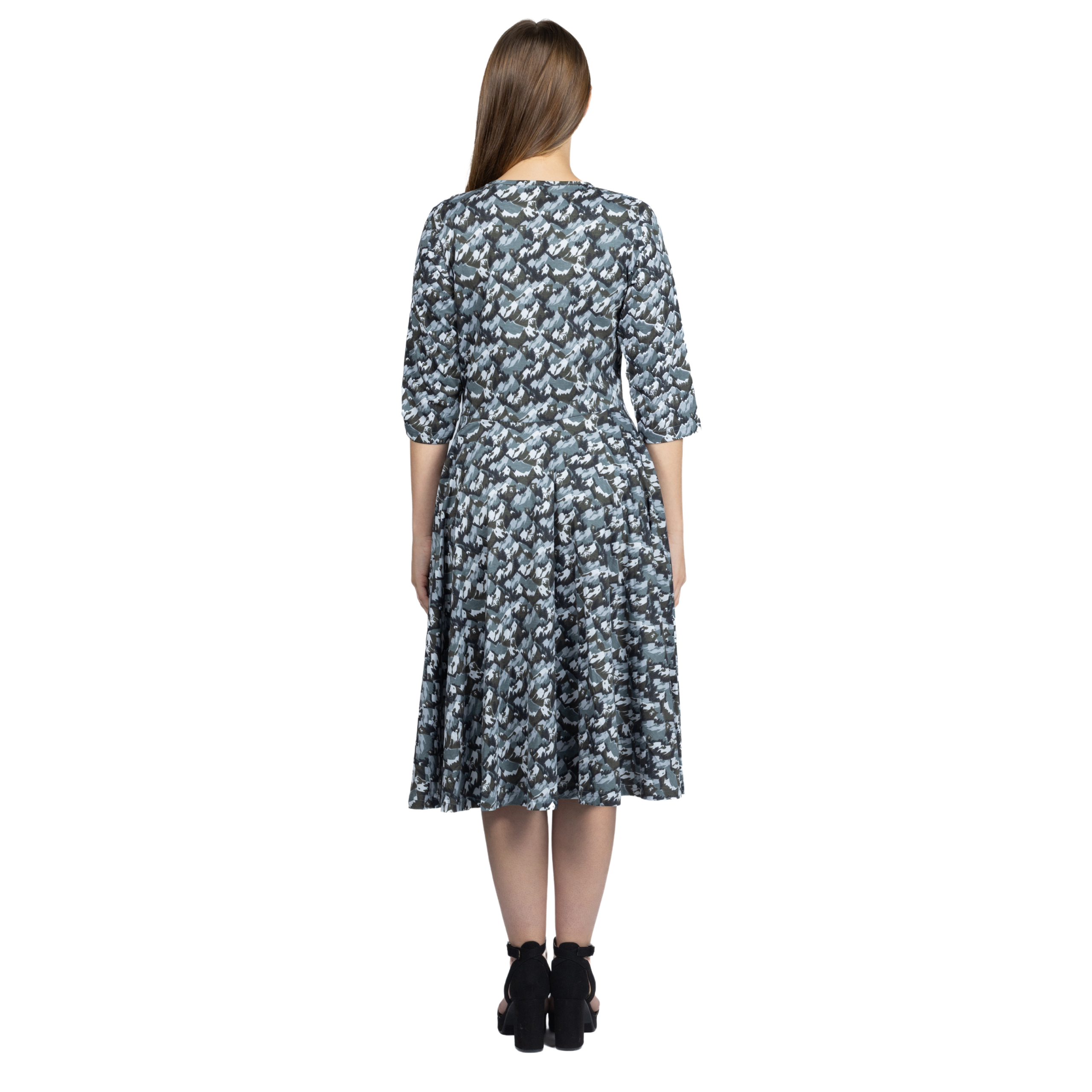 Bears and Mountains 3/4th Sleeves Full Twirl Dress