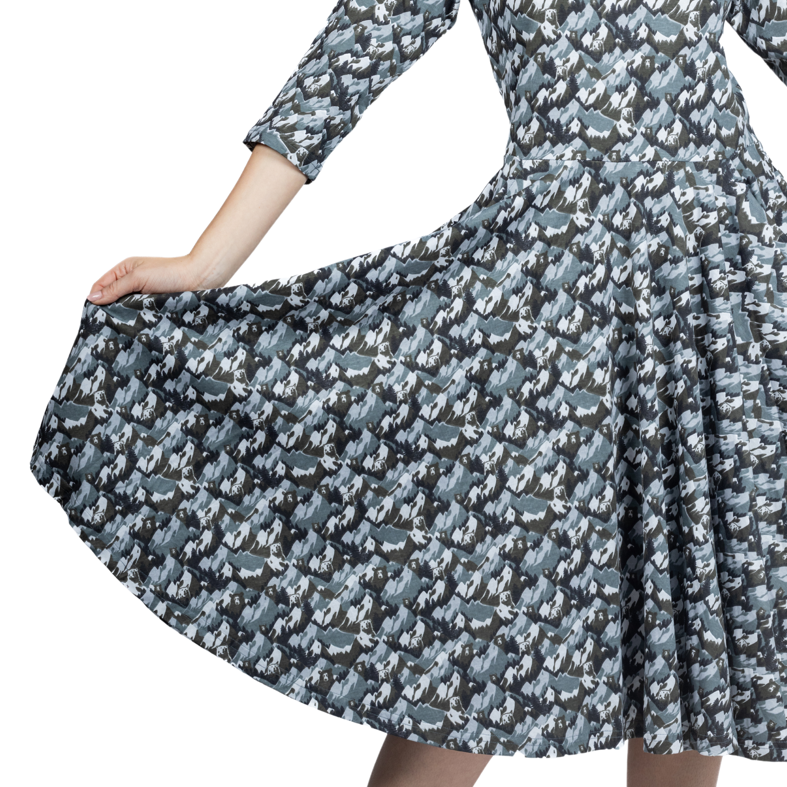 Bears and Mountains 3/4th Sleeves Full Twirl Dress