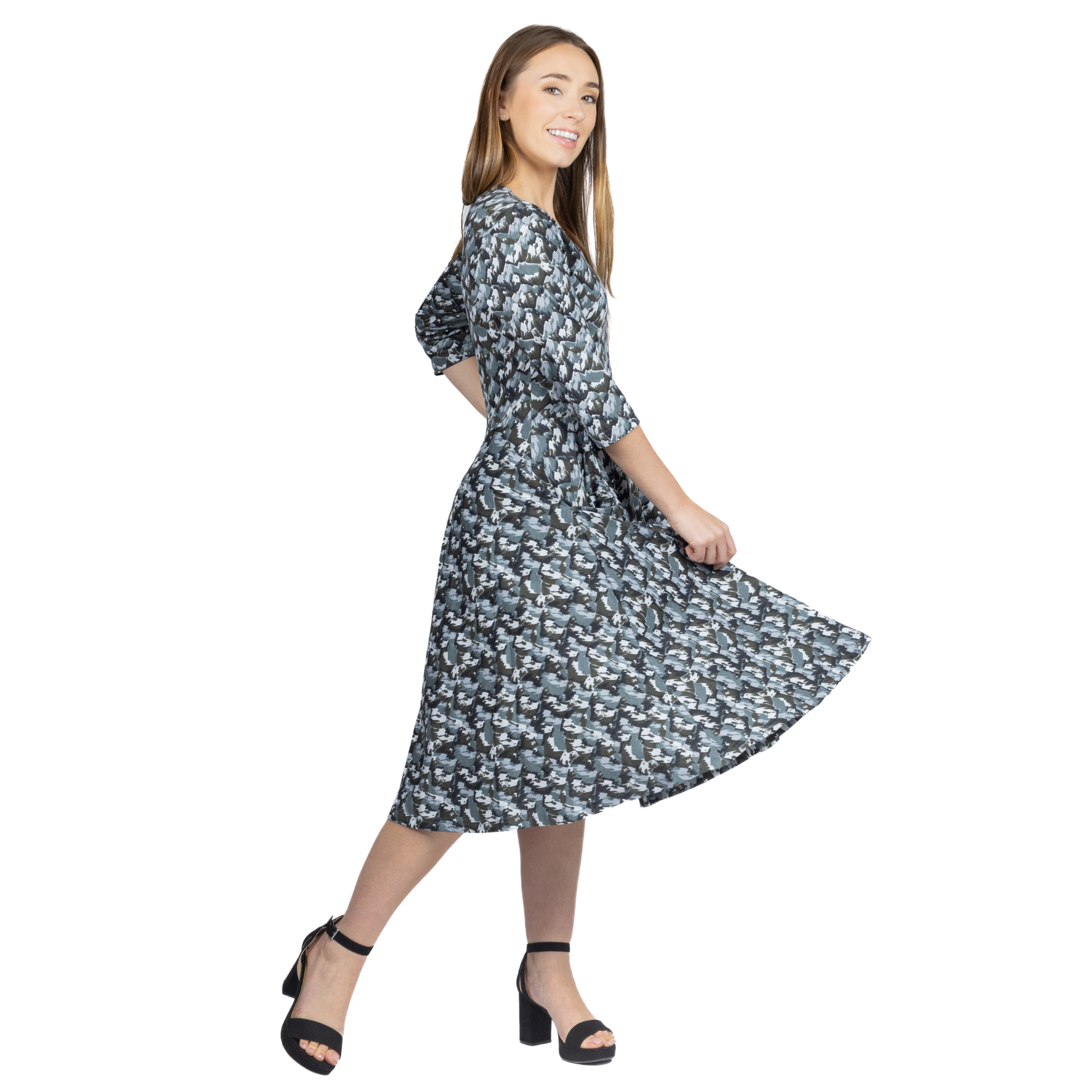 Bears and Mountains 3/4th Sleeves Full Twirl Dress