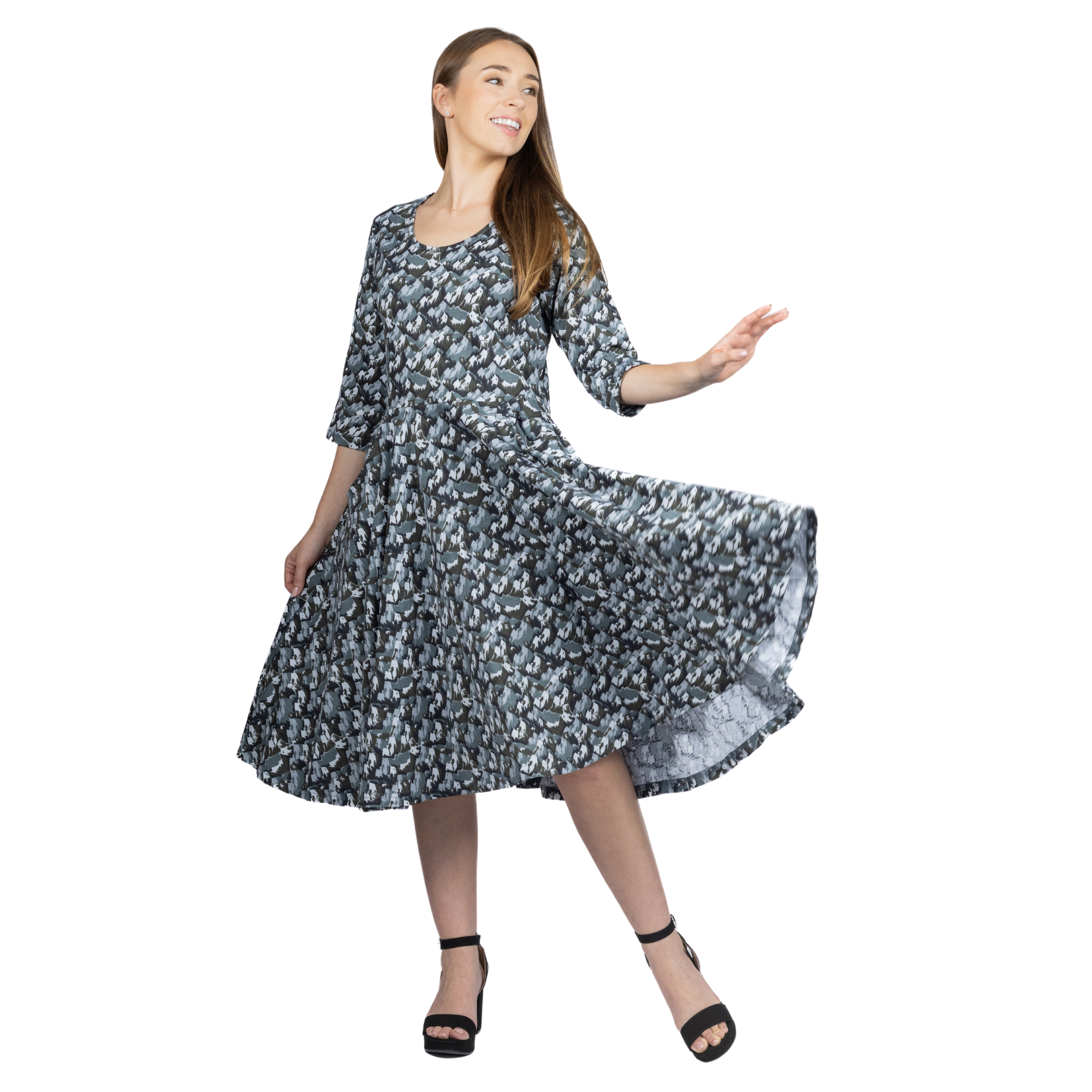 Bears and Mountains 3/4th Sleeves Full Twirl Dress