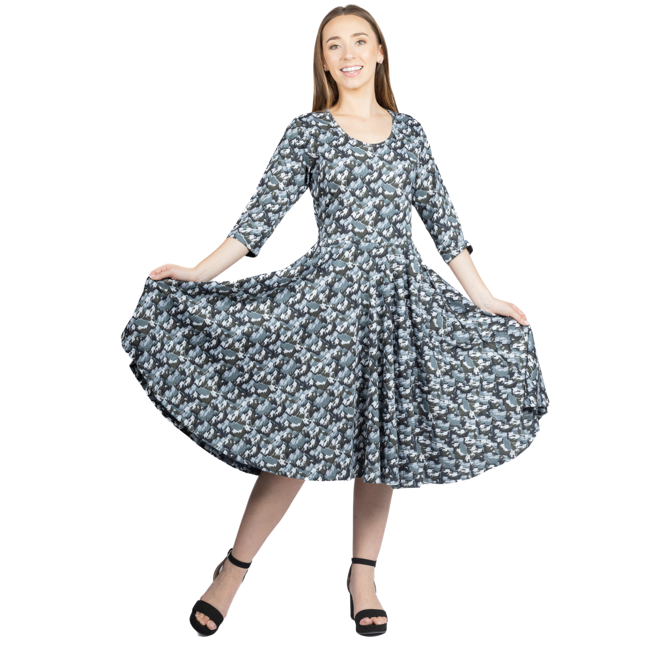 Bears and Mountains 3/4th Sleeves Full Twirl Dress