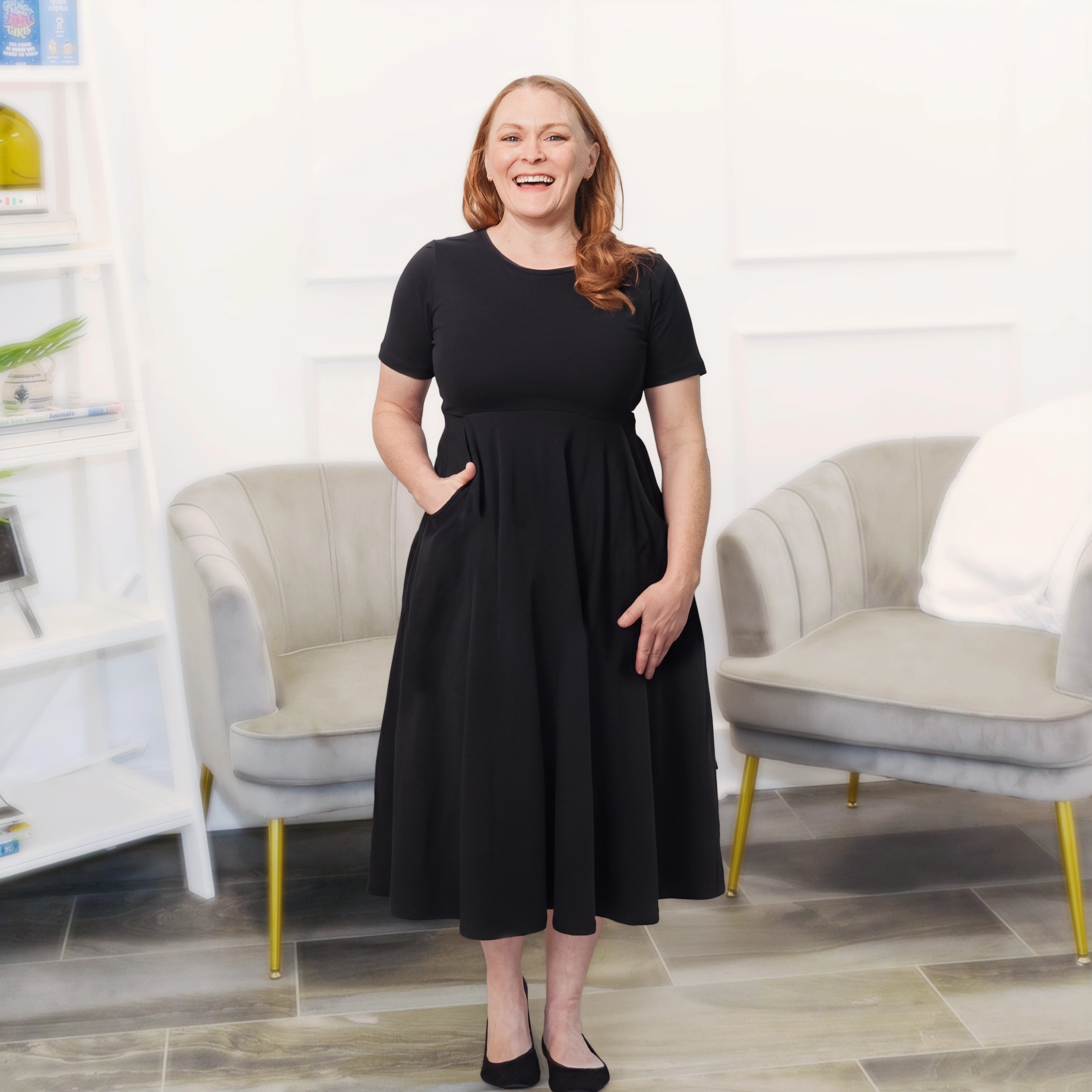 Onyx Black Petite Midi Twirl Dress with Pockets