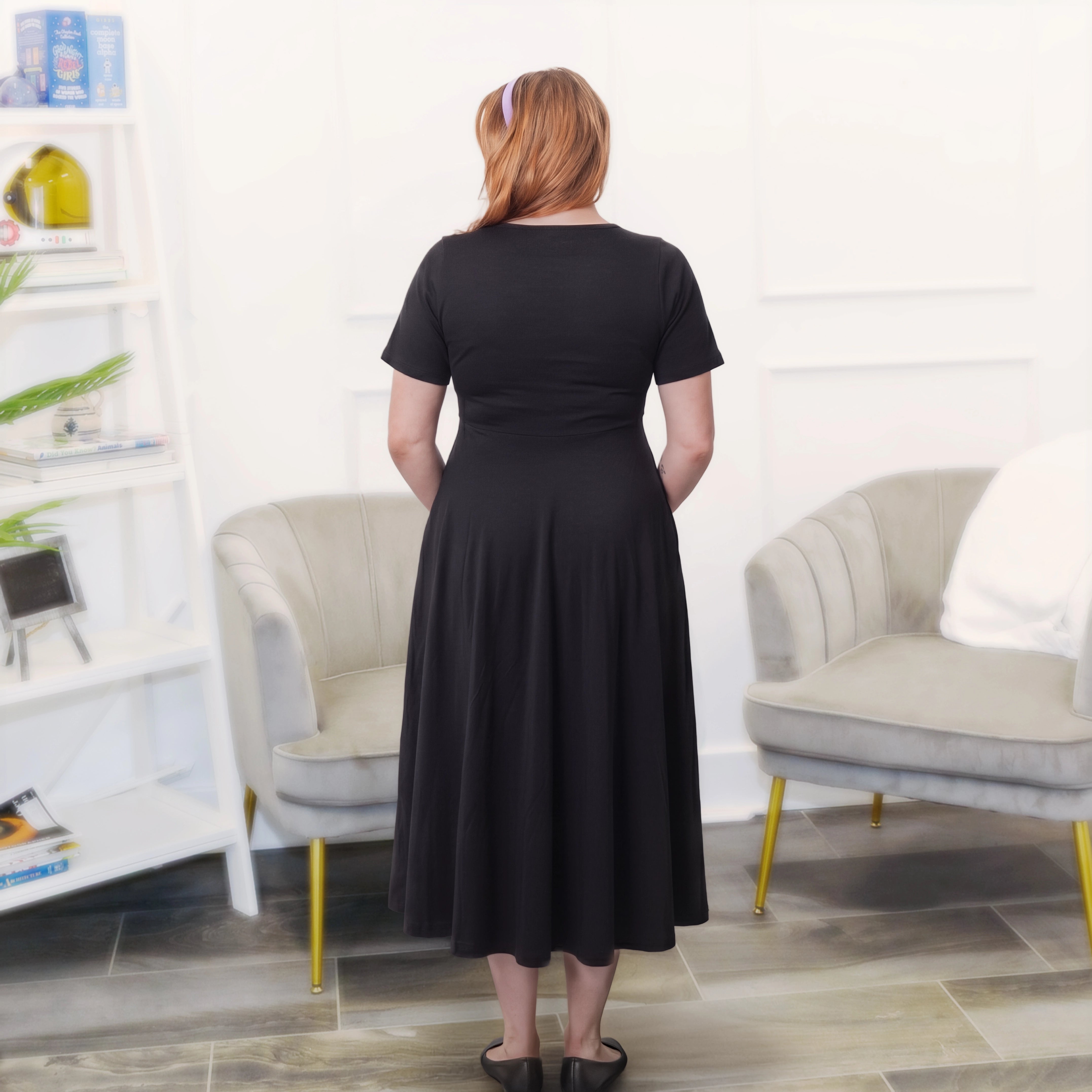 Onyx Black Petite Midi Twirl Dress with Pockets