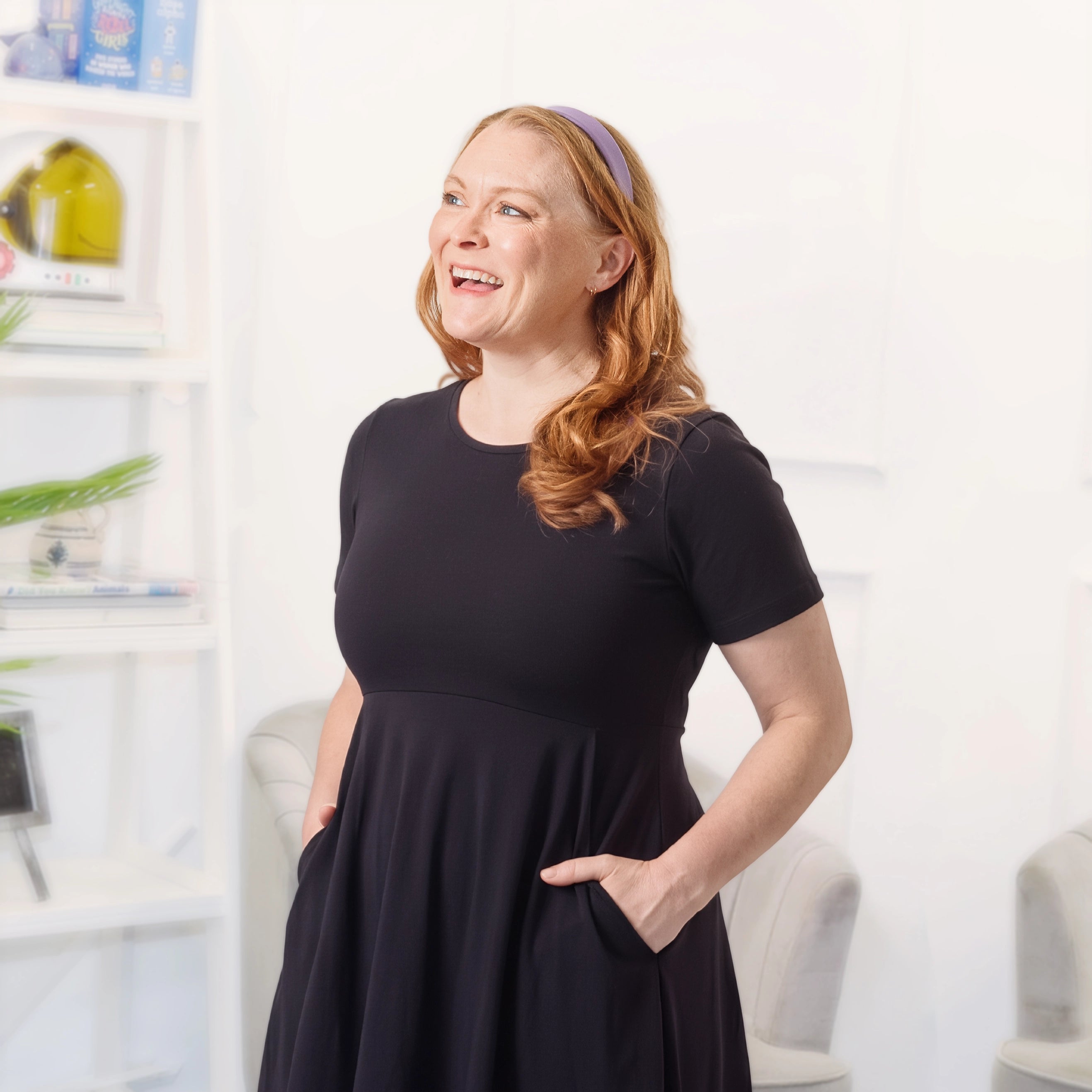 Onyx Black Petite Midi Twirl Dress with Pockets