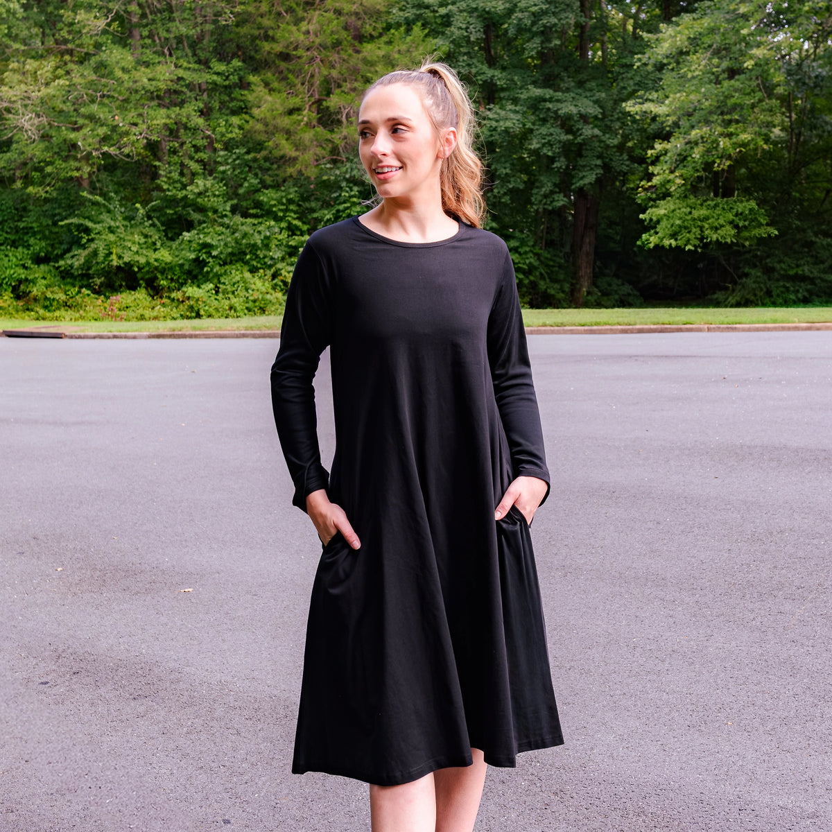 Onyx Black Longer Tunic Dress with Pockets