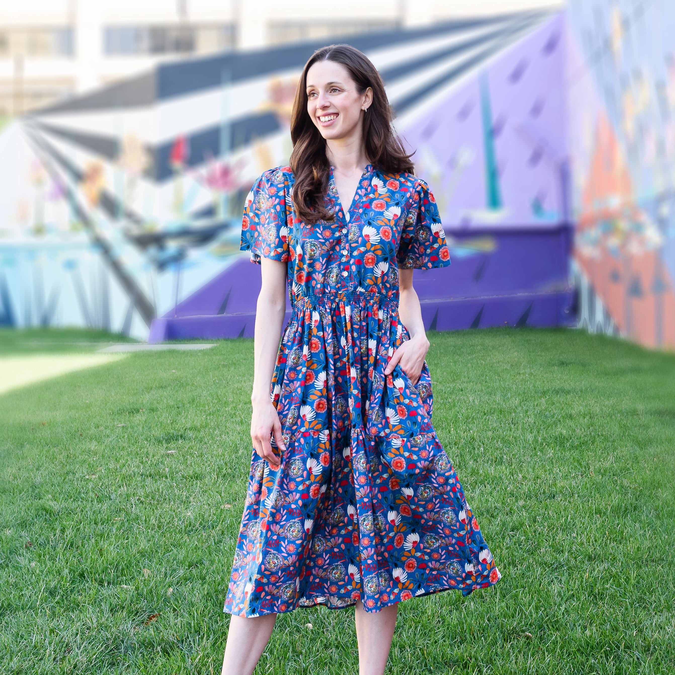 Botanical Blooms Woven Midi Dress with Pockets