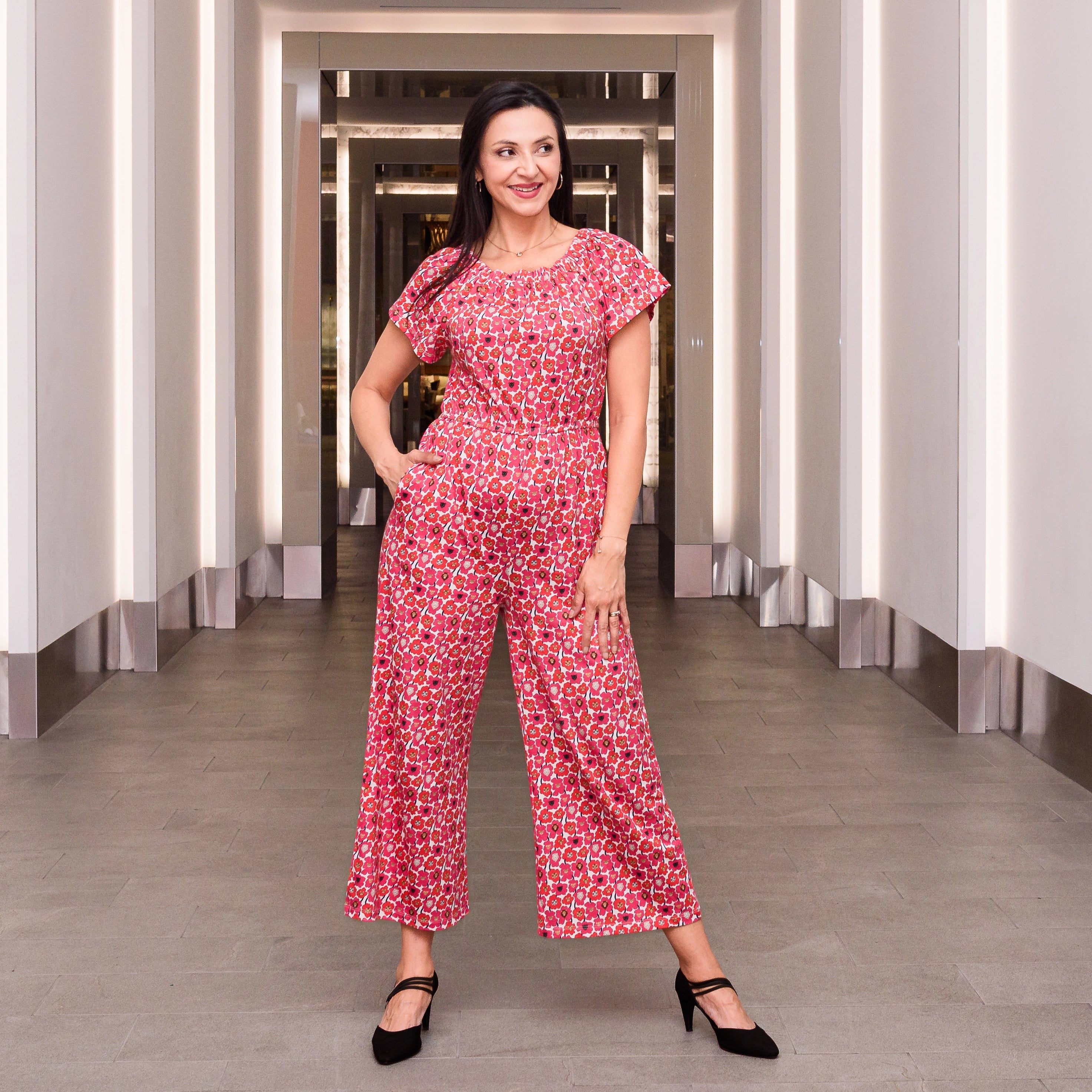 Floral Cat Family Jumpsuit with Pockets