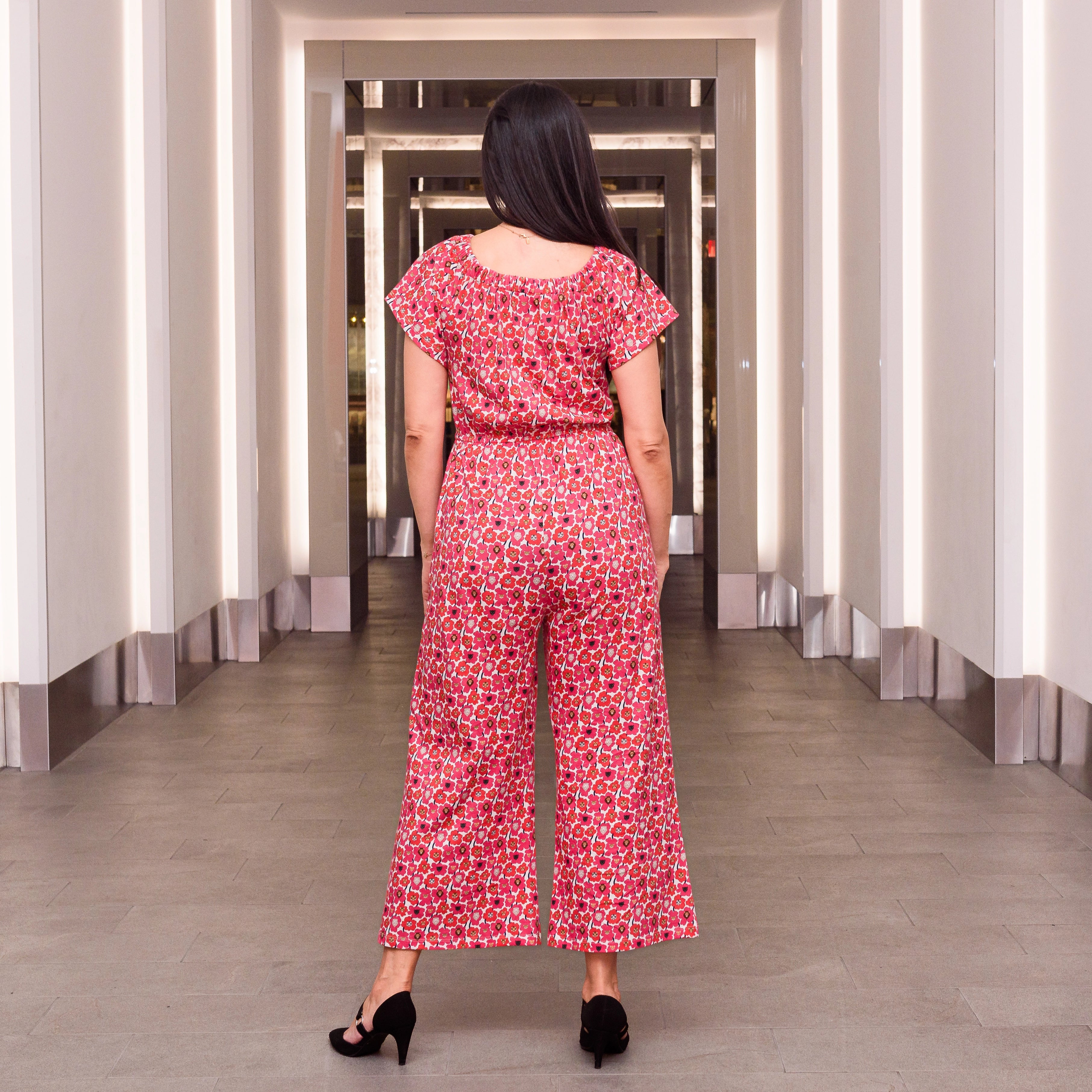 Floral Cat Family Jumpsuit with Pockets