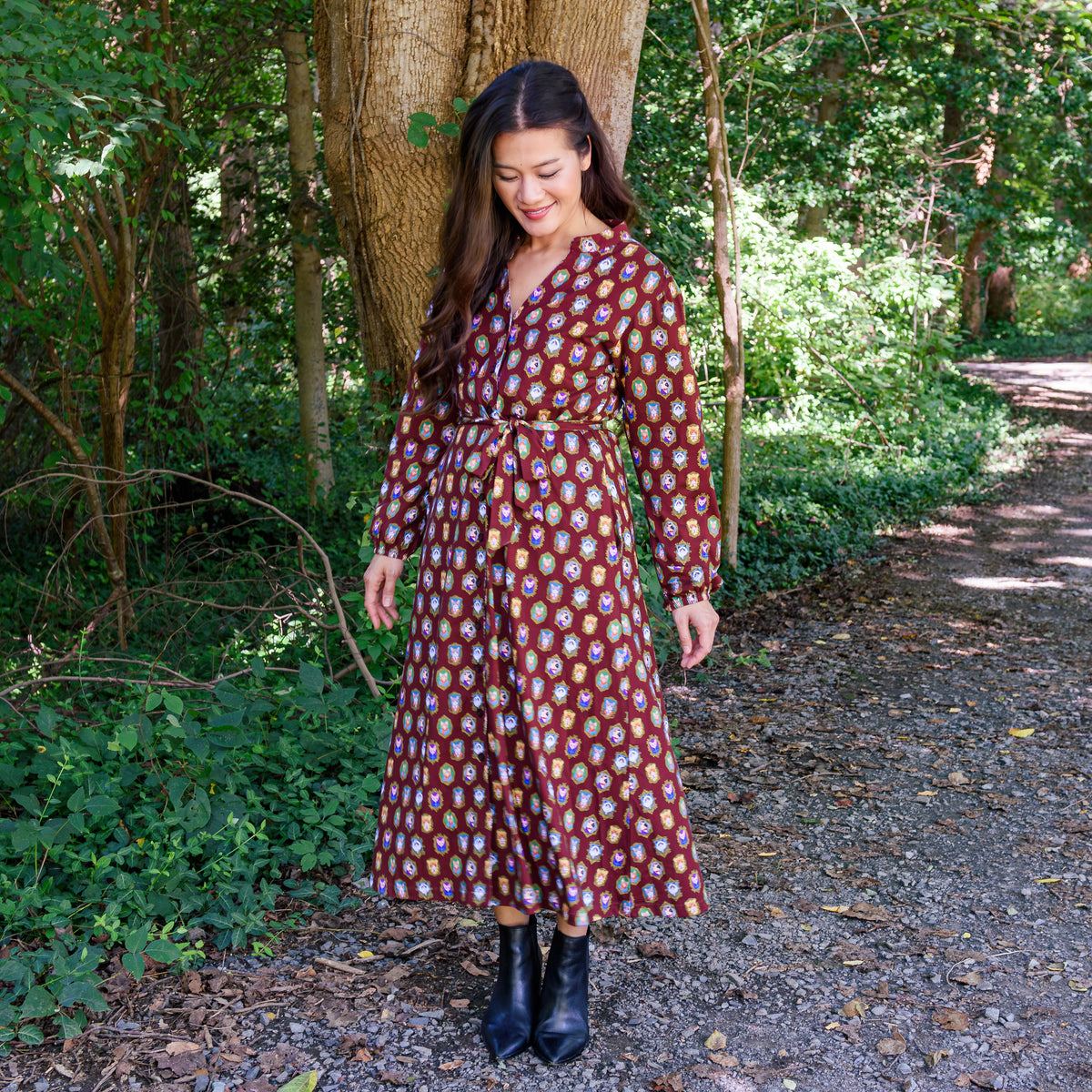 Cat Portraits Button-Up Midi Dress with Pockets