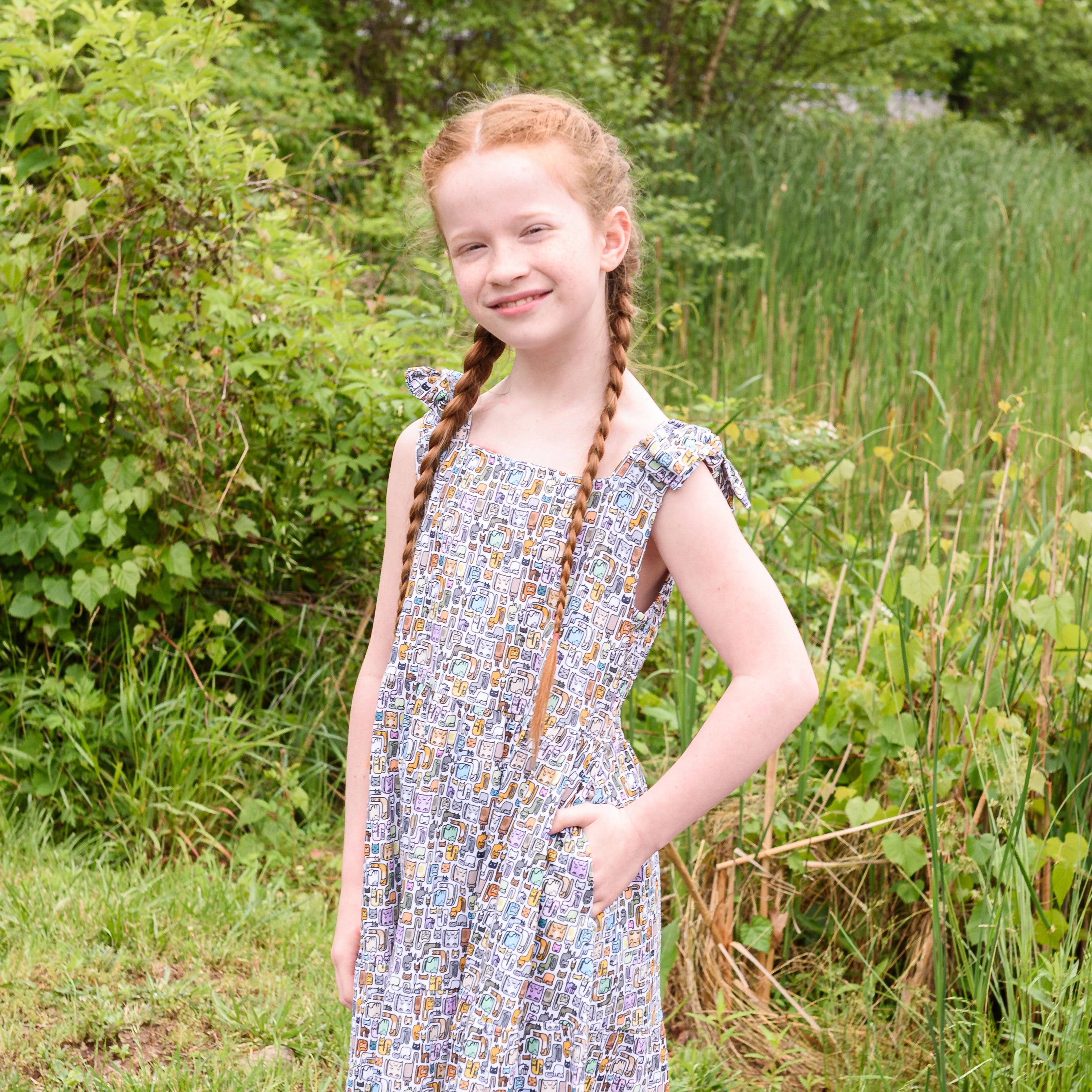 Cat Puzzle Kids Dress with Pockets