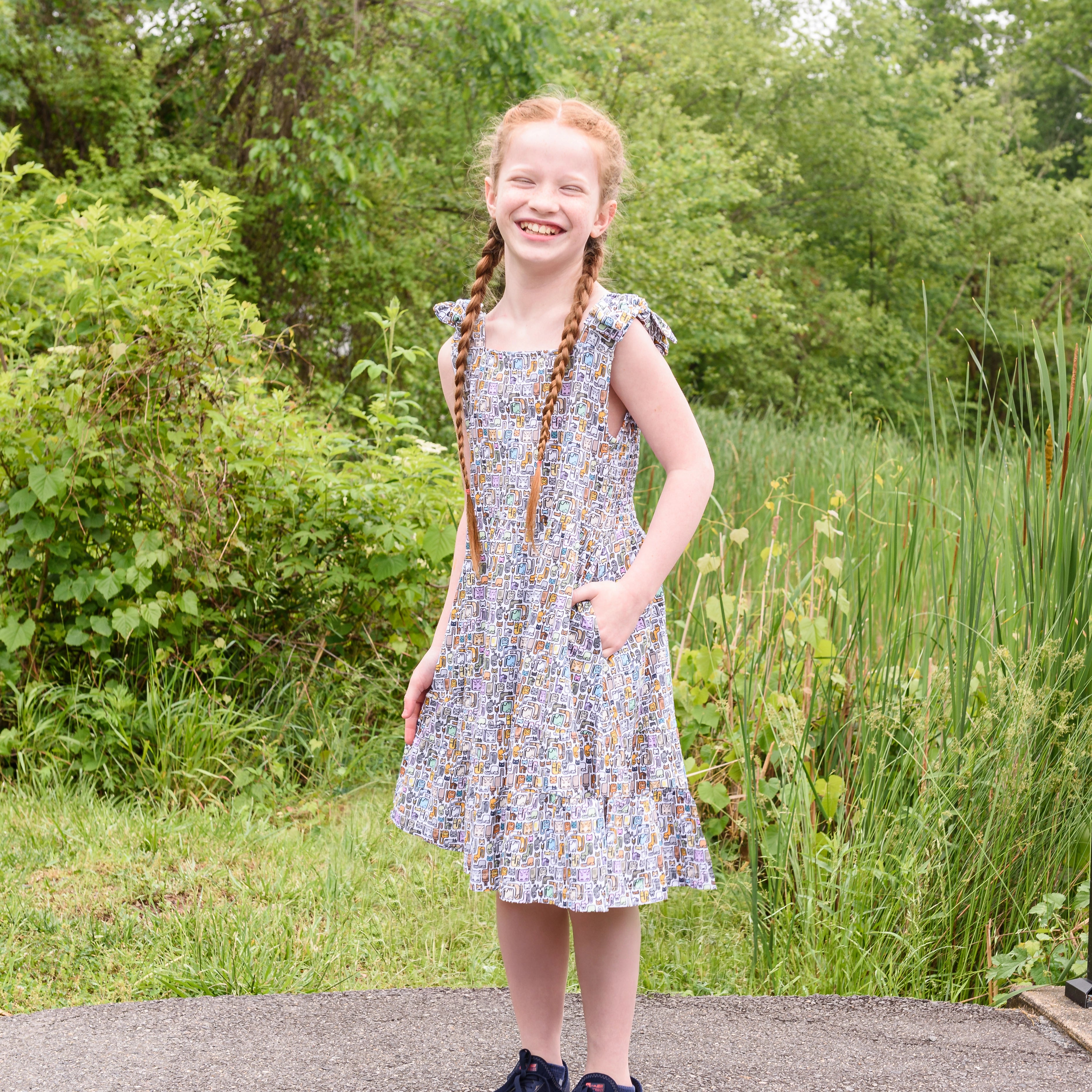 Cat Puzzle Kids Dress with Pockets