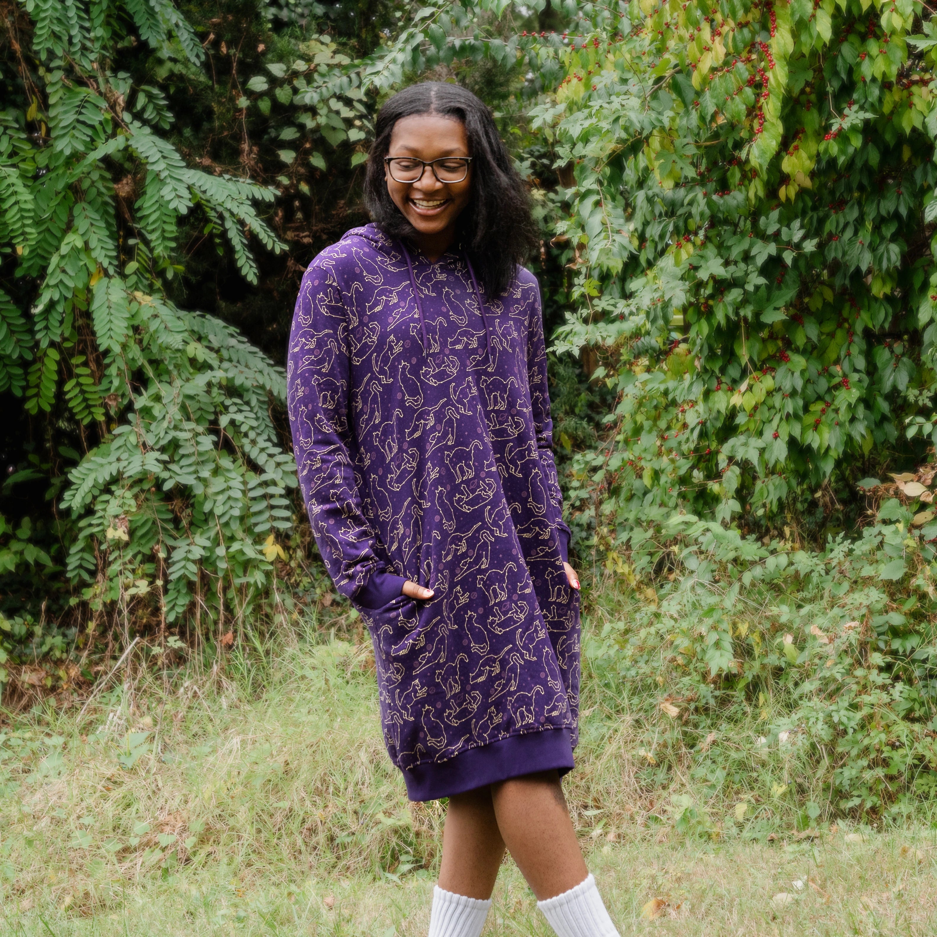 Cats Constellations Long Sleeve Hoodie Dress