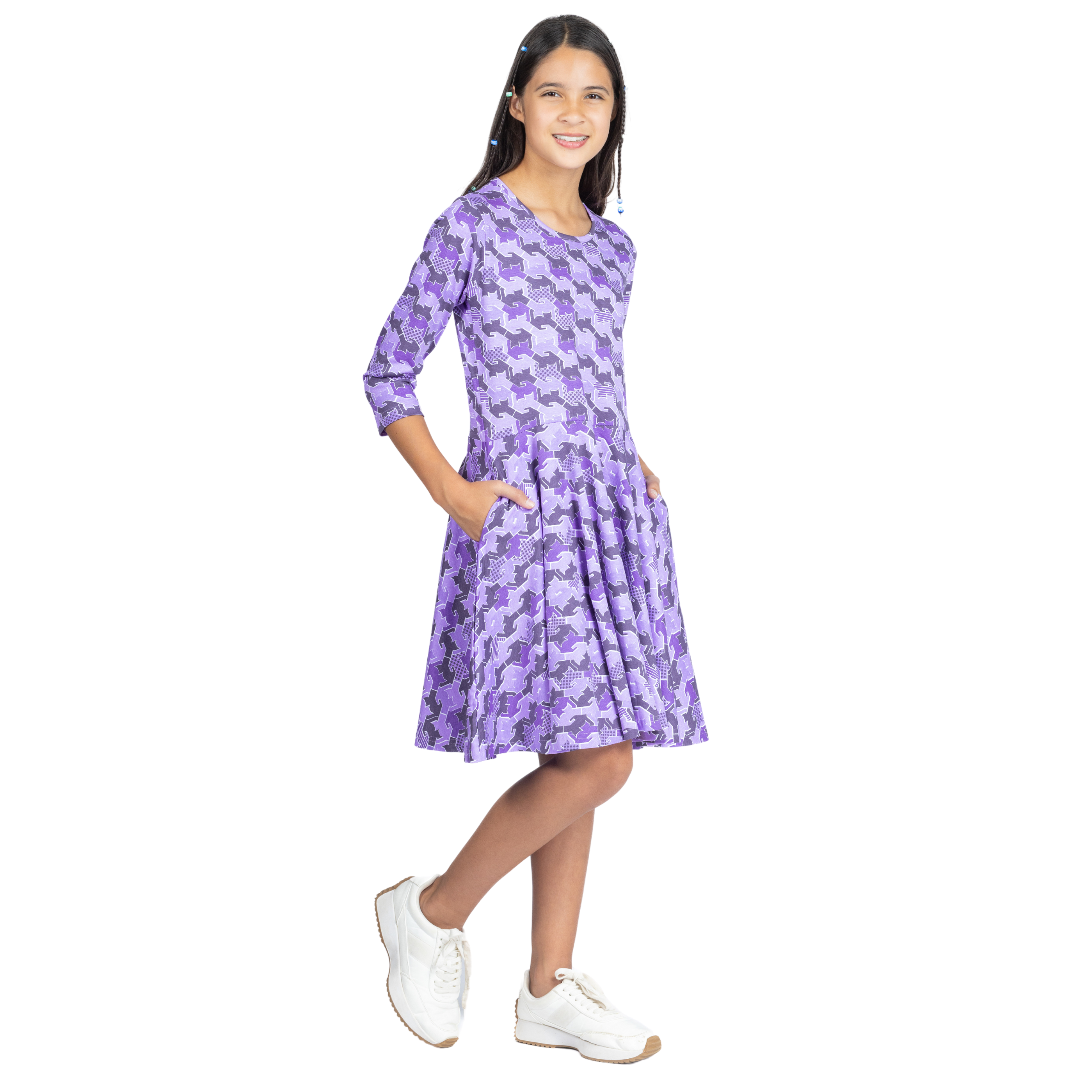 Cats Tessellation 3/4th Sleeves Kids Twirl Dress